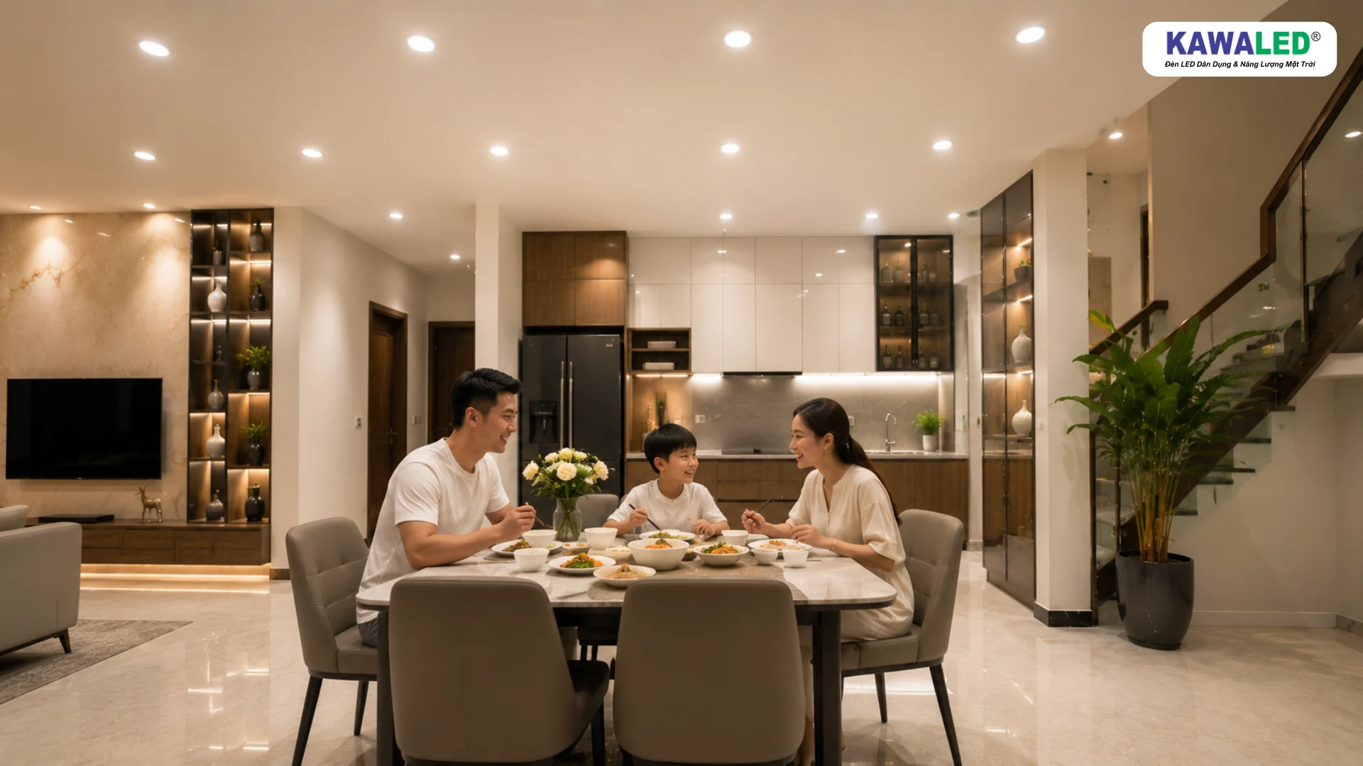 Gia đình sử dụng đèn LED âm trần 3 màu trong phòng ăn hiện đại