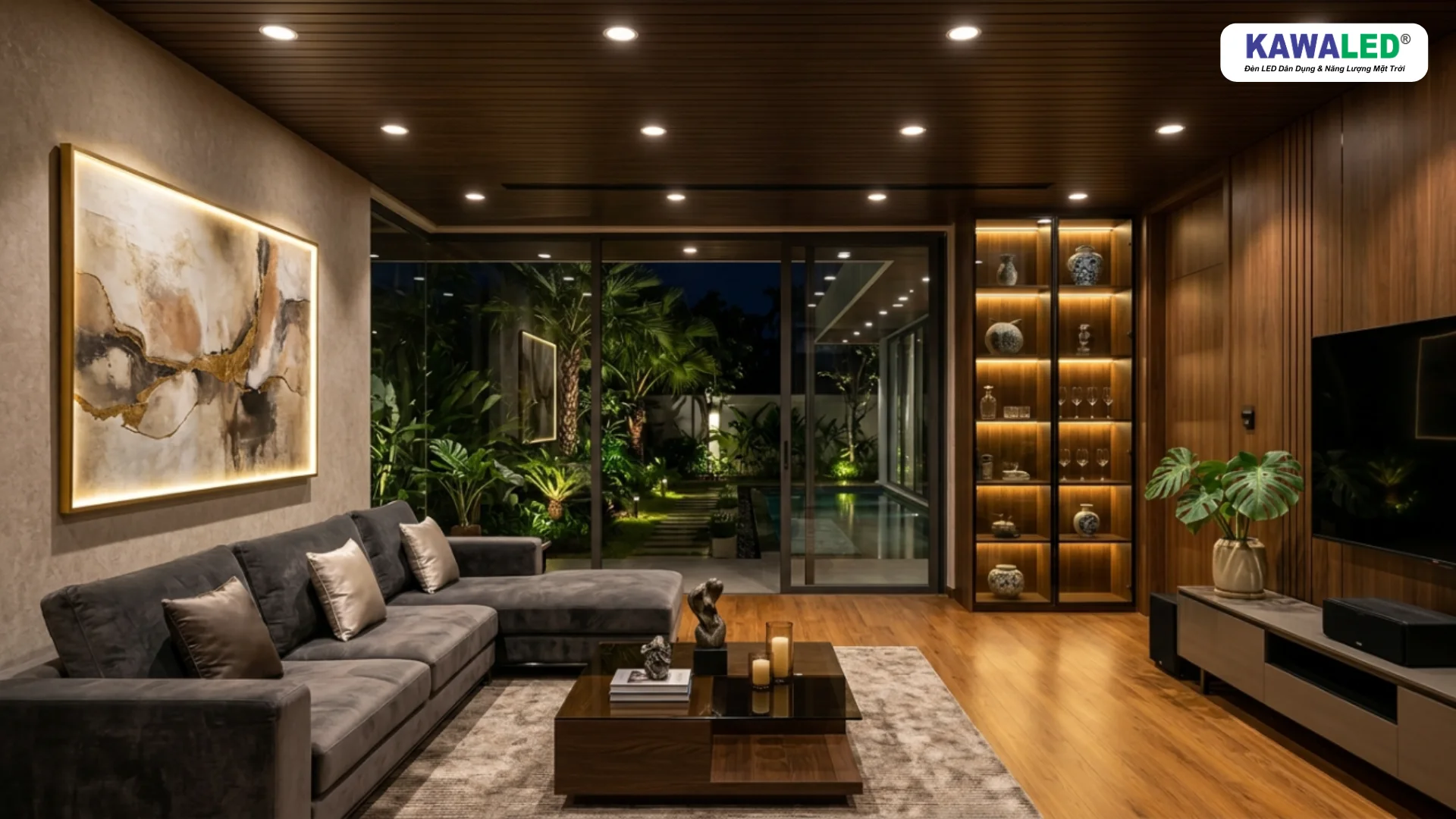 Đèn LED âm trần 3 màu giúp phòng khách biệt thự trở nên sang trọng và có chiều sâu hơn