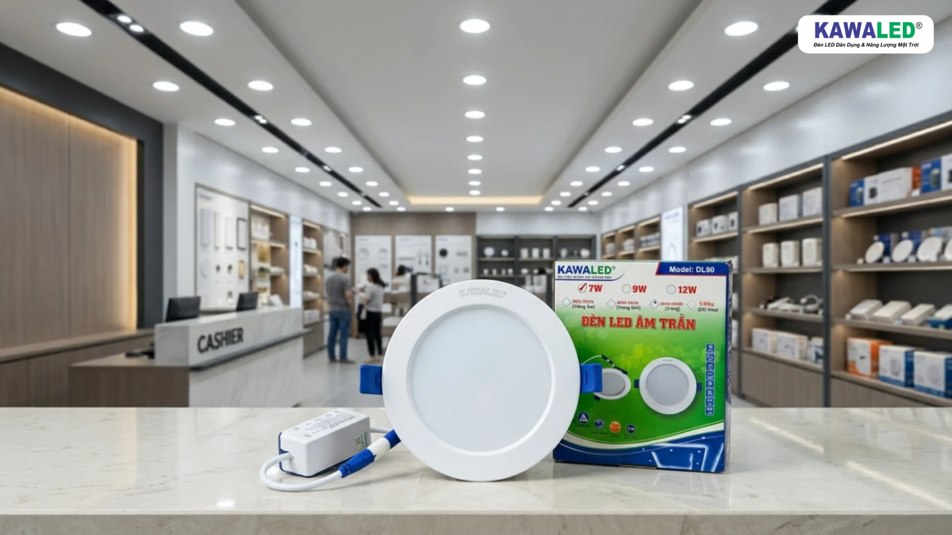 Đèn led âm trần DL90 KAWALED trưng bày trong showroom thiết bị điện