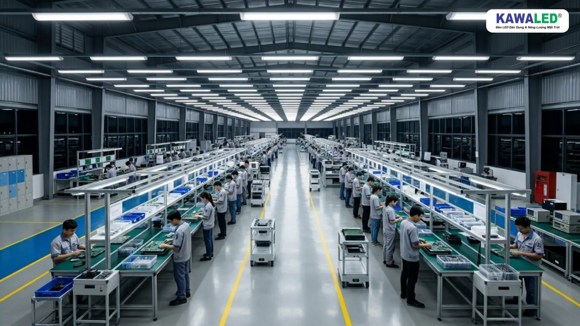 Đèn led bán nguyệt KAWALED chiếu sáng toàn bộ nhà xưởng hiện đại vào buổi tối