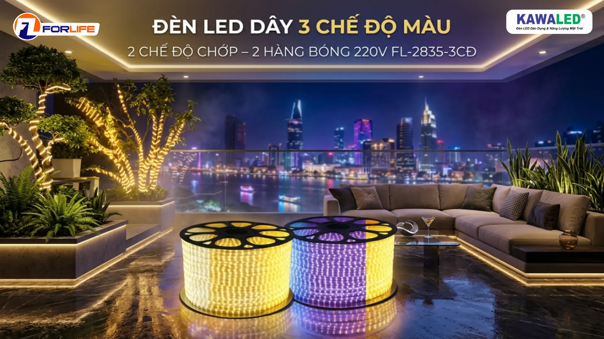 Đèn led dây 3 chế độ màu 220V FL-2835-3CĐ FORLIFE