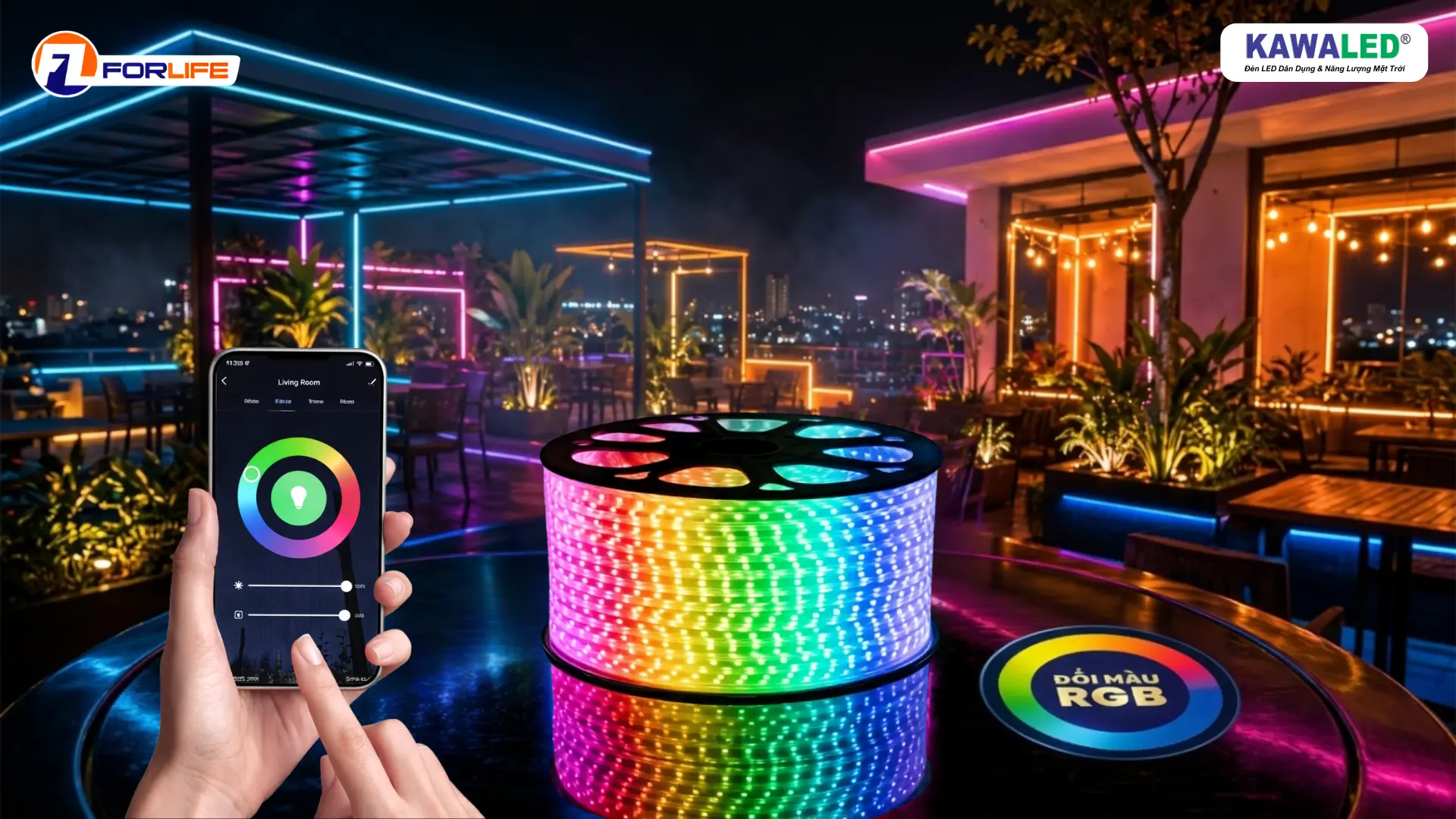 Đèn led dây 5050 RGB FL-1H-5050 dùng trang trí quán café và sân vườn