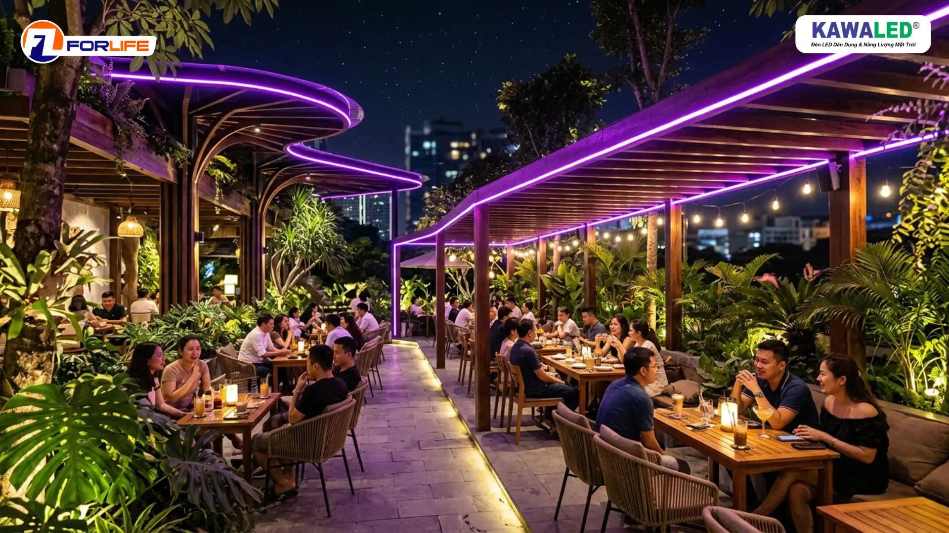 Đèn led dây rgb màu tím trang trí quán cafe sân vườn ngoài trời