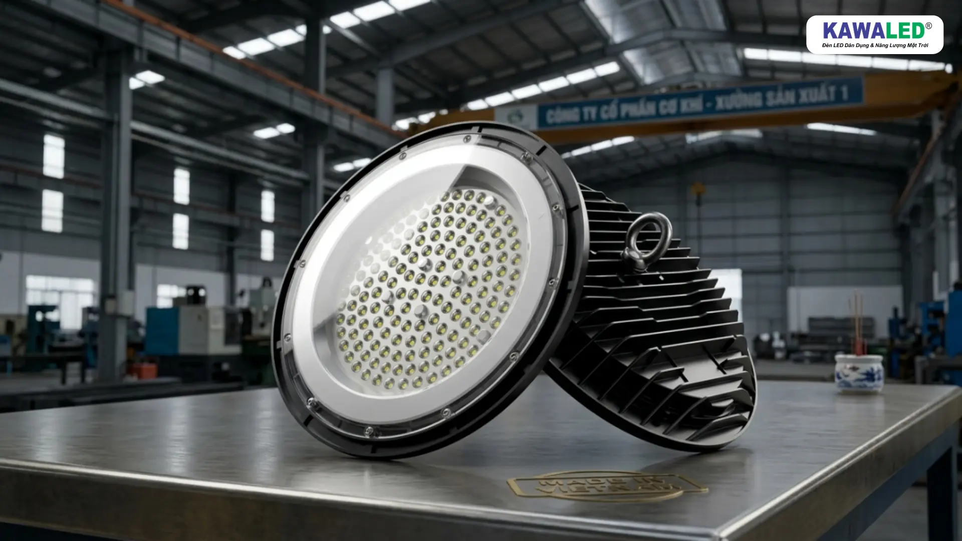 Đèn LED Highbay HB1 KAWALED trưng bày nổi bật trong nhà xưởng công nghiệp