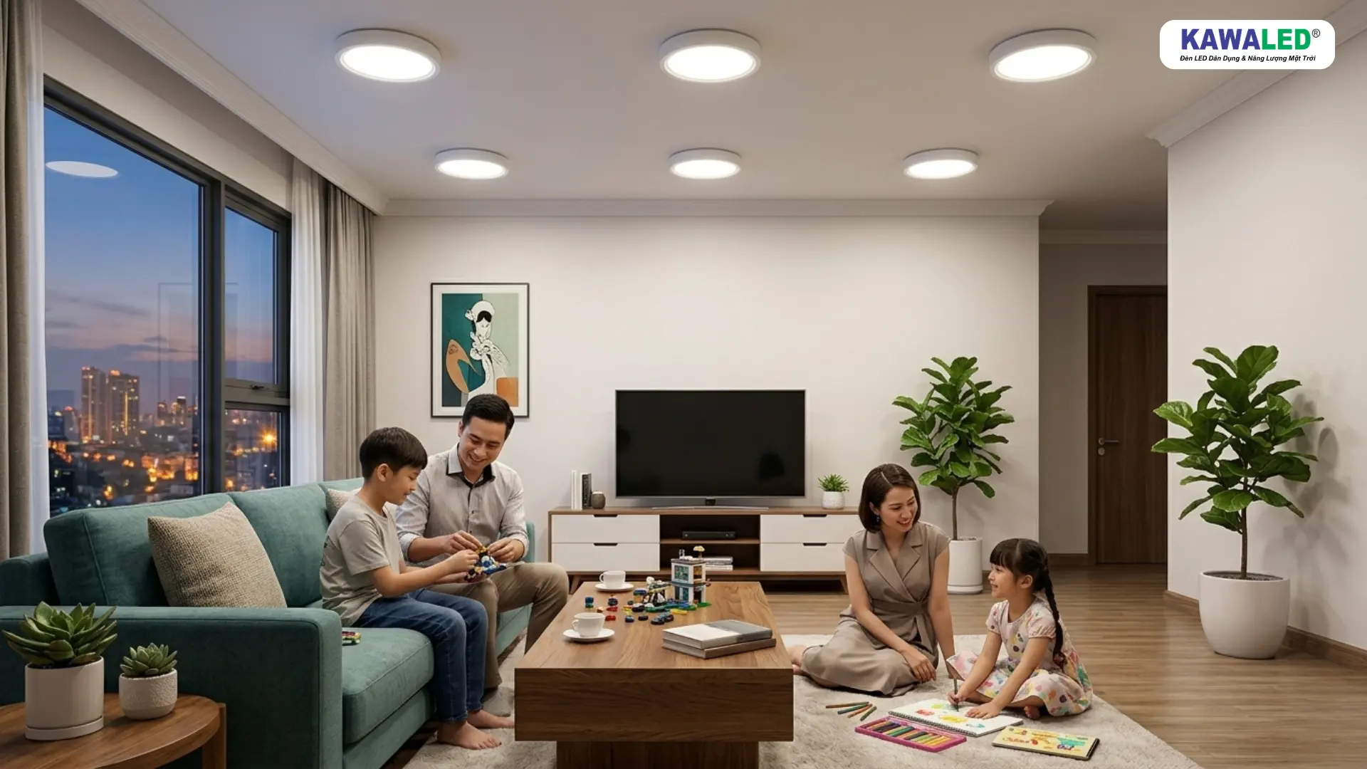 Gia đình sinh hoạt dưới đèn led nổi trần KAWALED