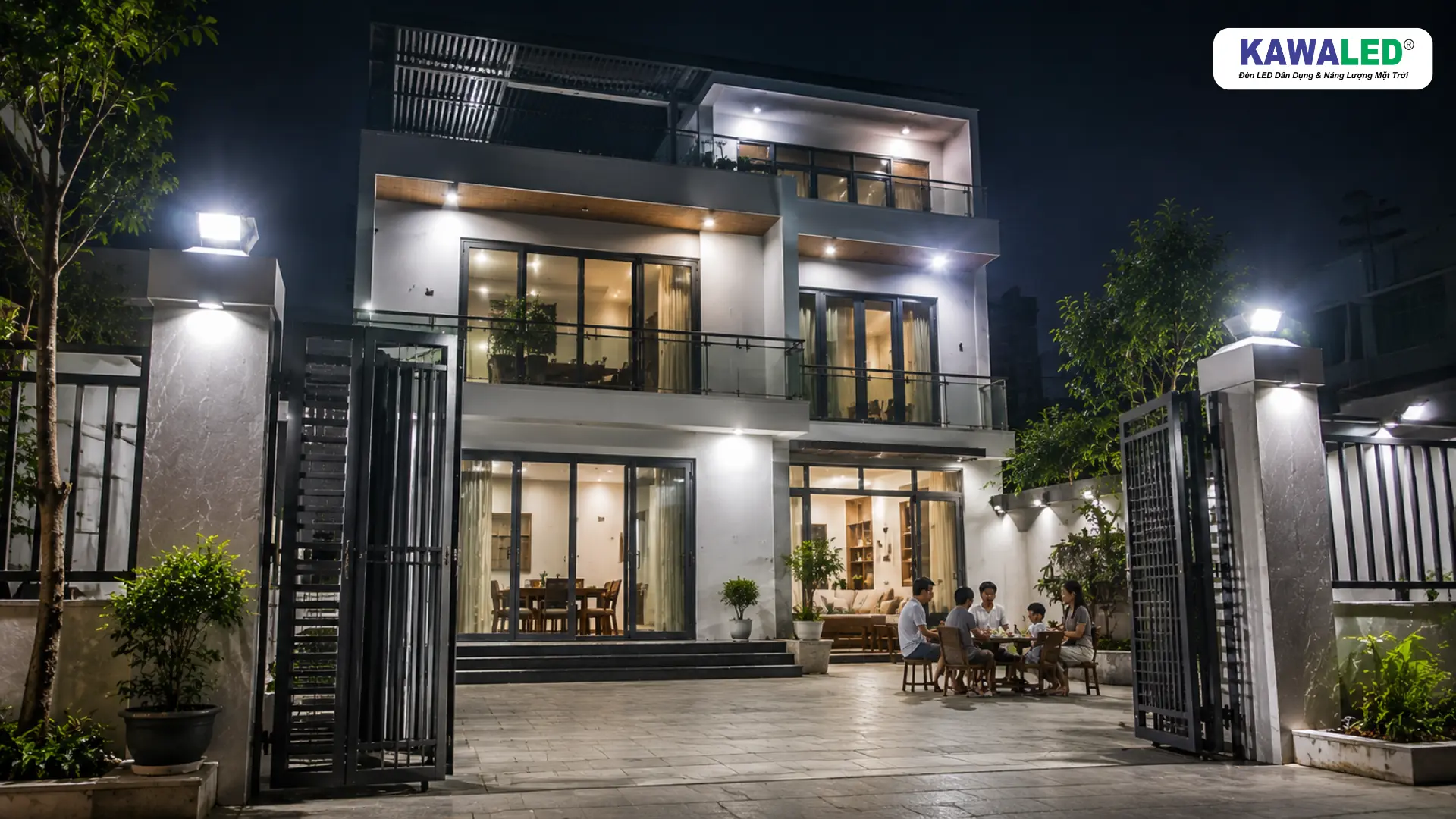 Đèn pha ngoài trời chiếu sáng biệt thự hiện đại vào ban đêm