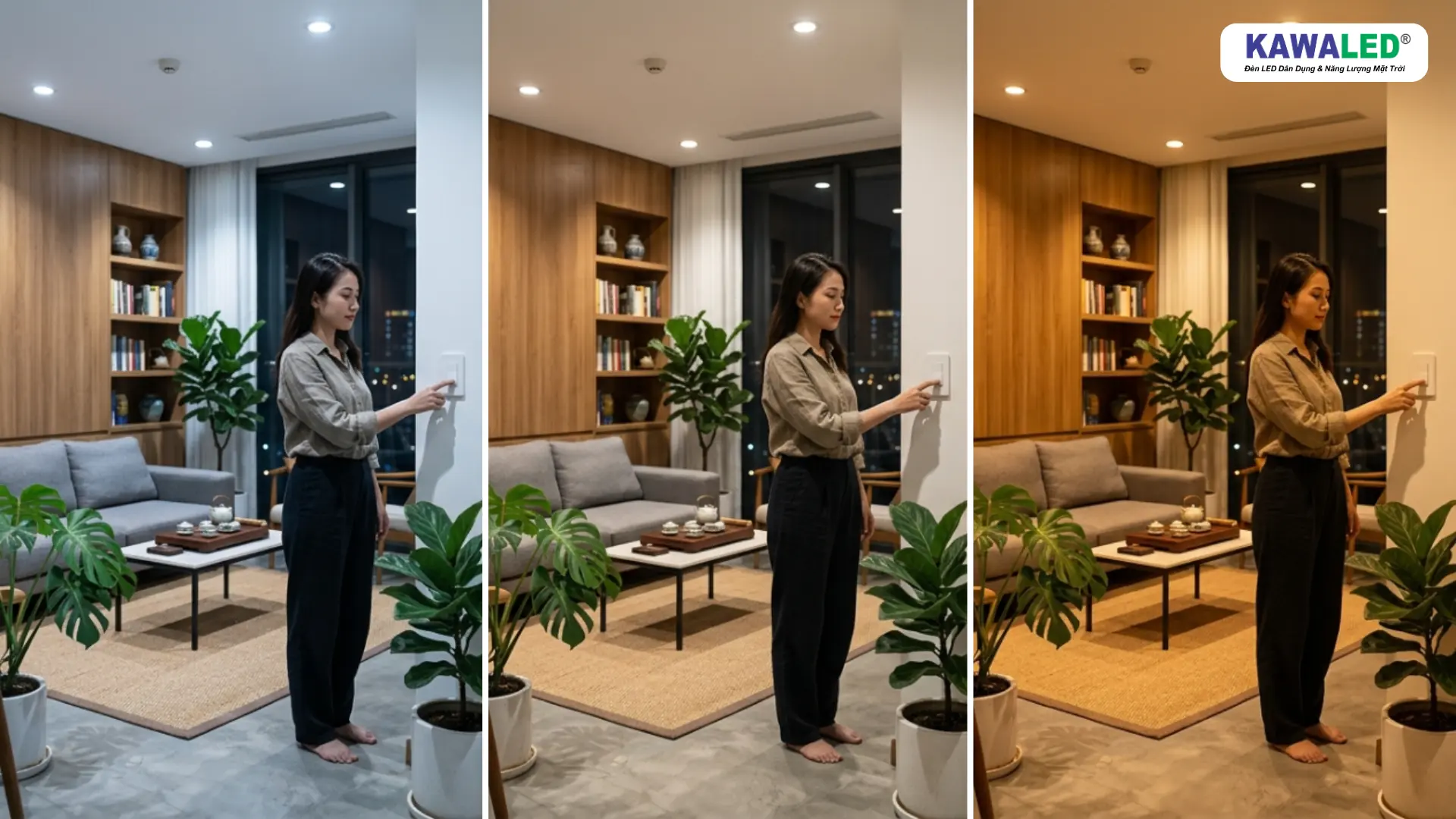 Đèn trần 3 chế độ với ánh sáng trắng trung tính và vàng trong cùng một không gian