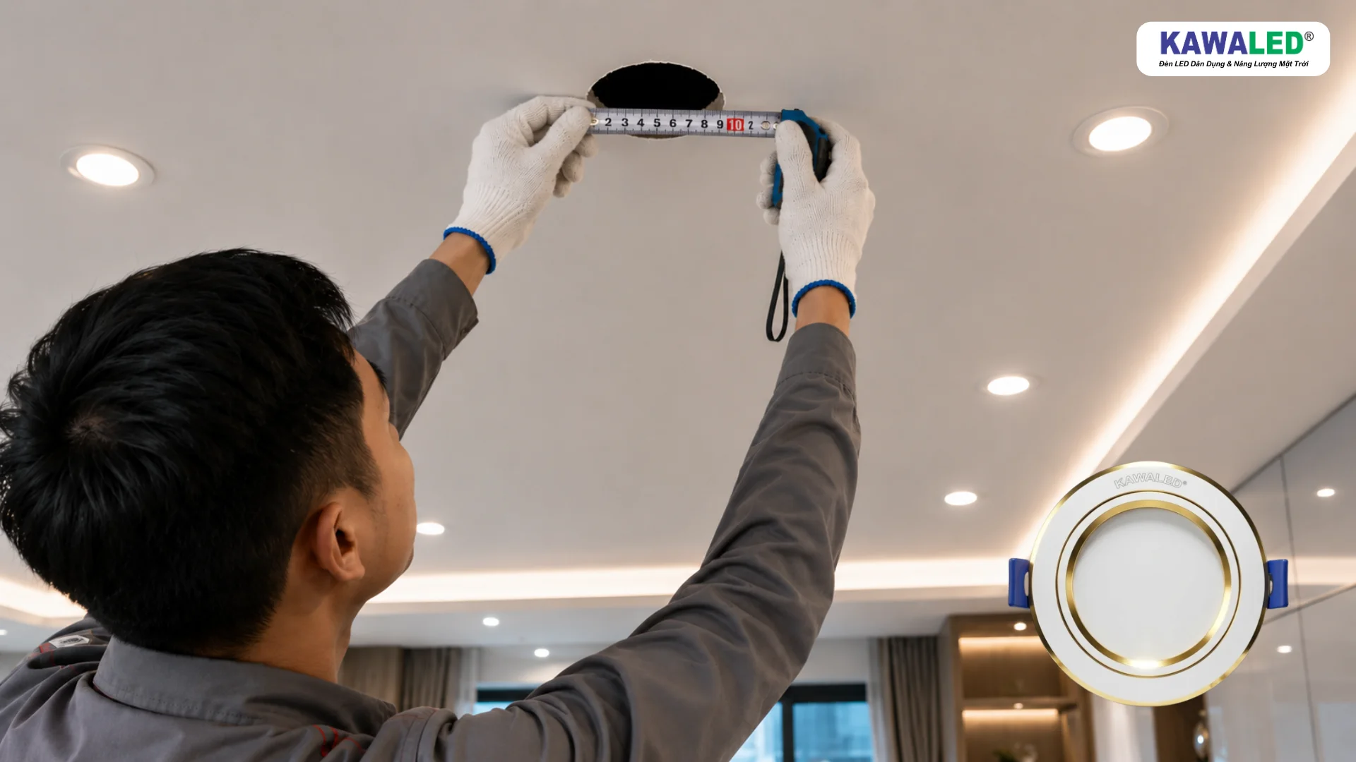 Kỹ thuật viên đo lỗ khoét Φ90mm để lắp đèn âm trần KAWALED DLA90-7W-3CM