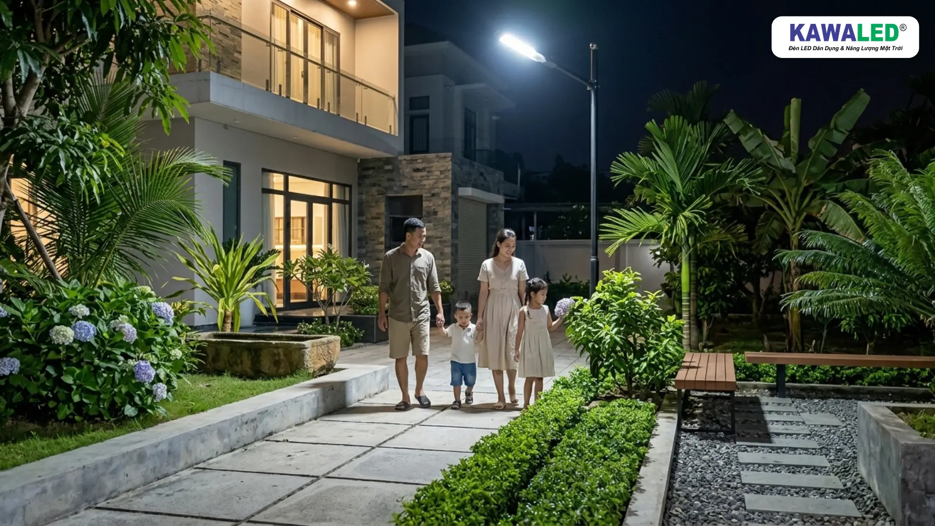 Gia đình sử dụng đèn chiếu sáng ngoài trời SST2-50W trong sân vườn