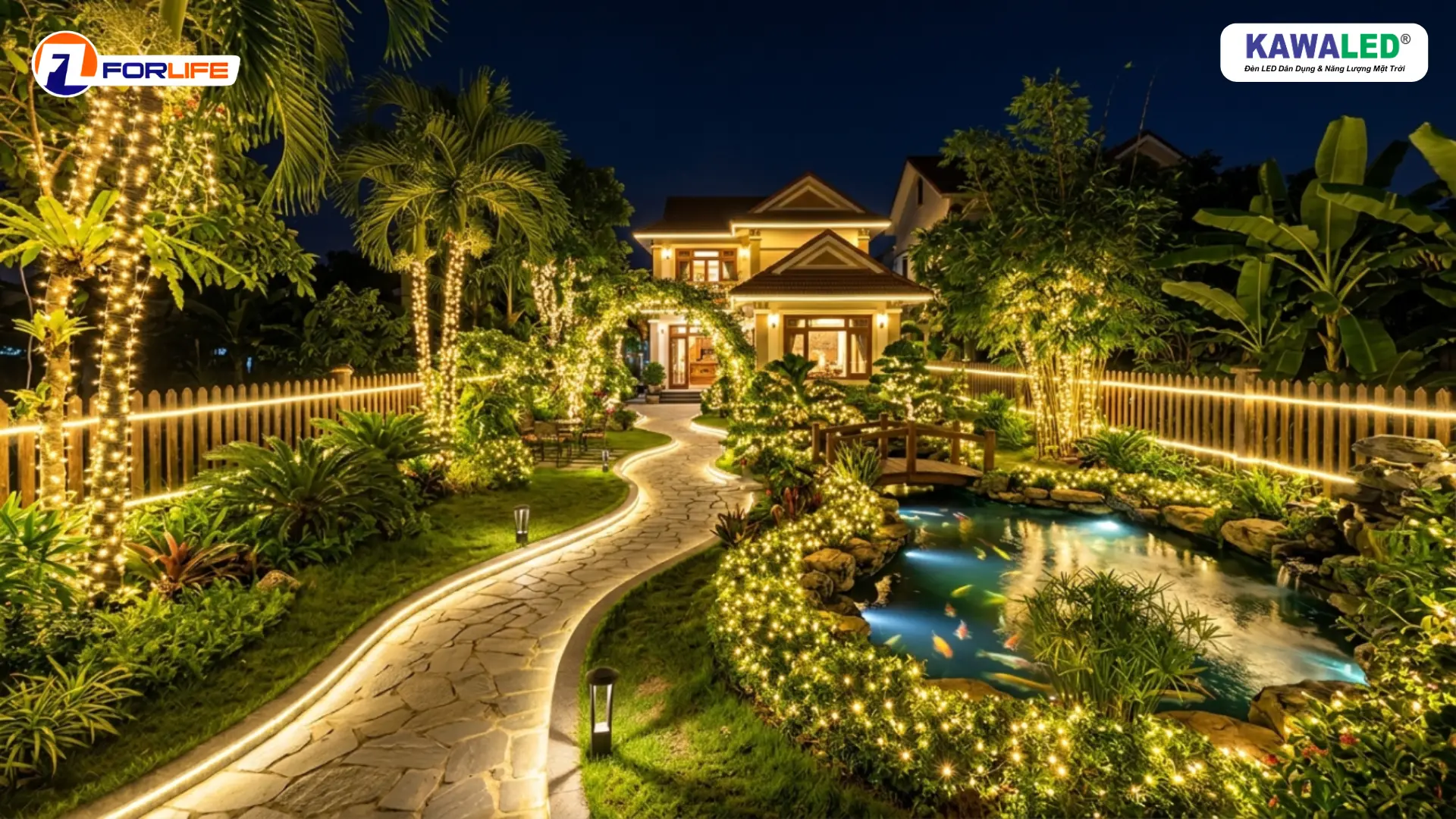 Hệ thống đèn led dây ngoài trời hoàn chỉnh cho sân vườn biệt thự