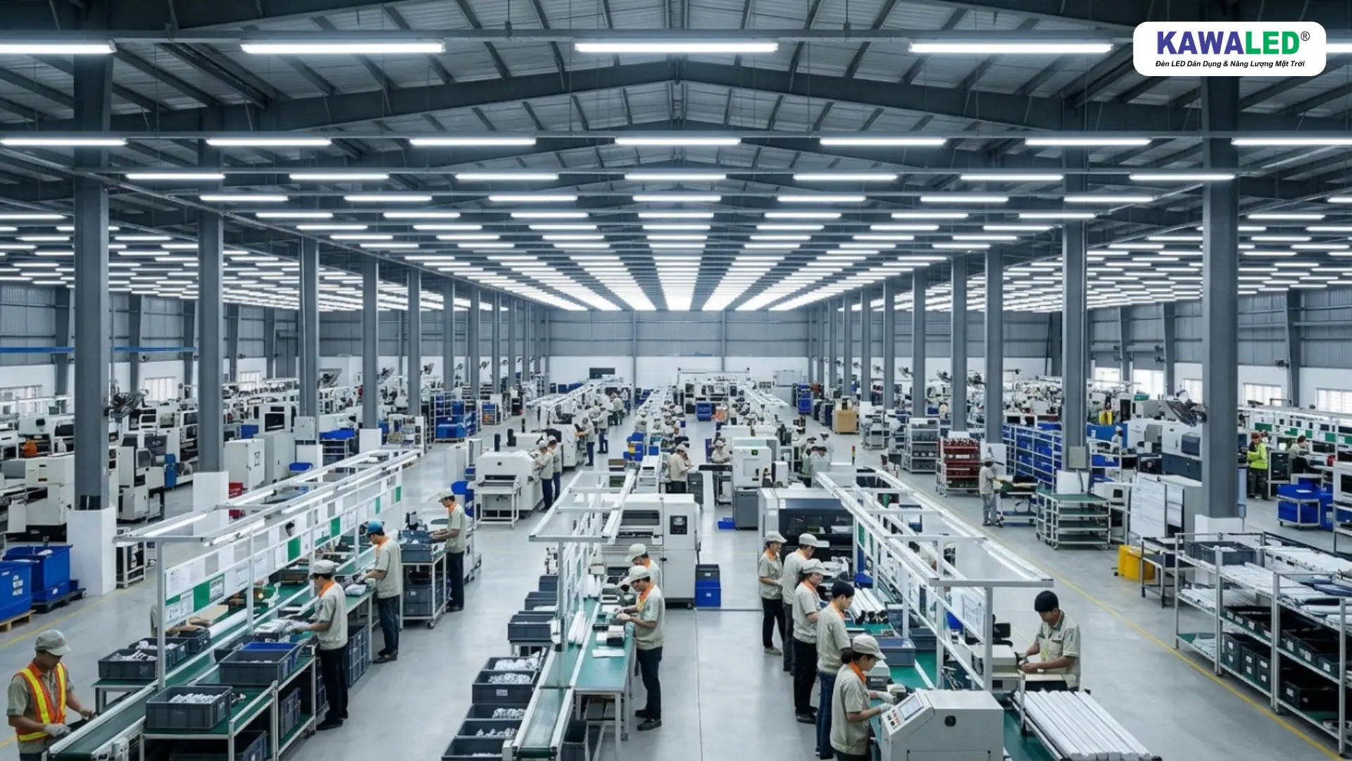 Hệ thống đèn led bán nguyệt chiếu sáng đồng đều trong nhà xưởng hiện đại