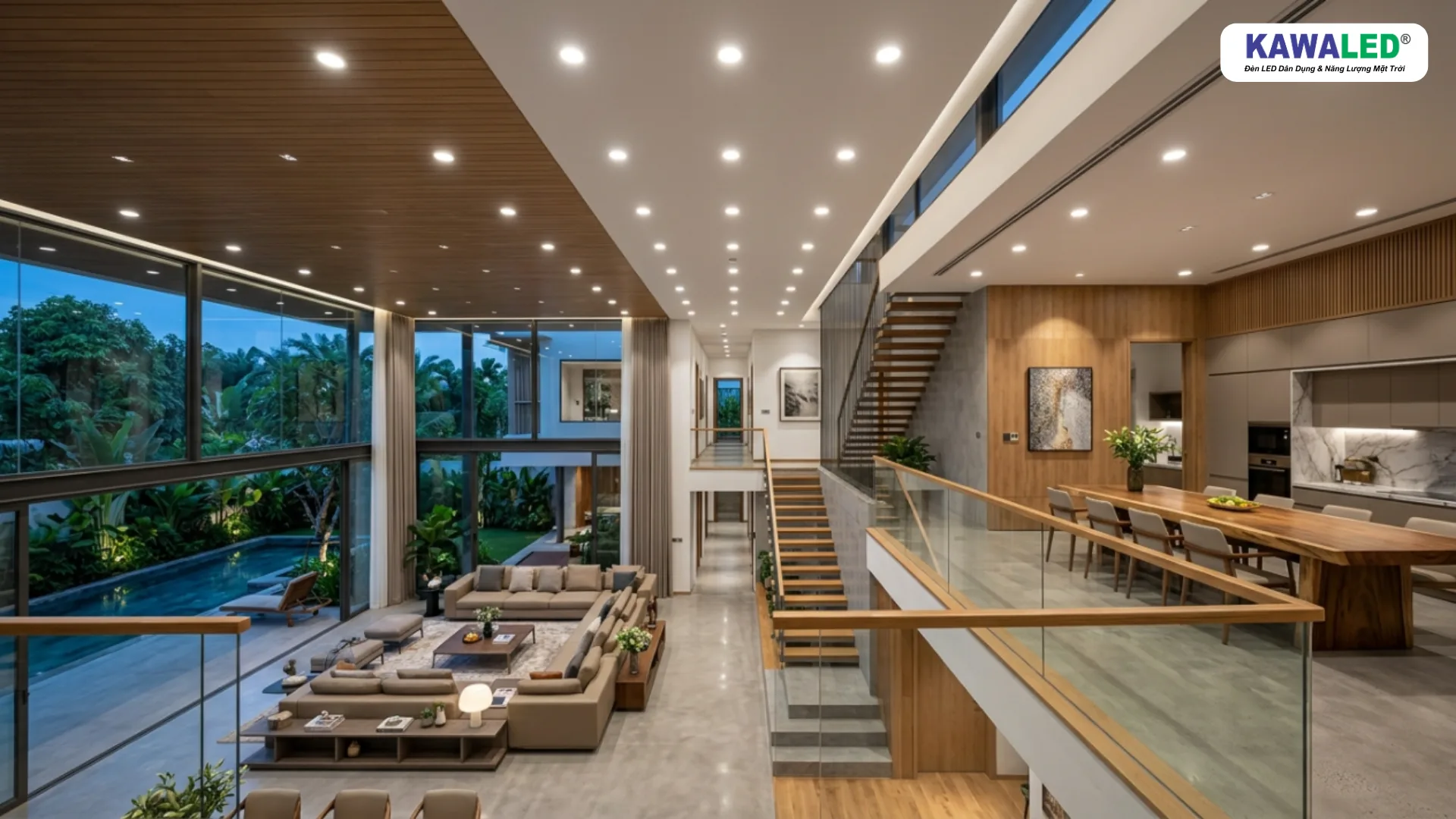Hệ thống đèn LED âm trần 3 màu chiếu sáng toàn bộ biệt thự hiện đại