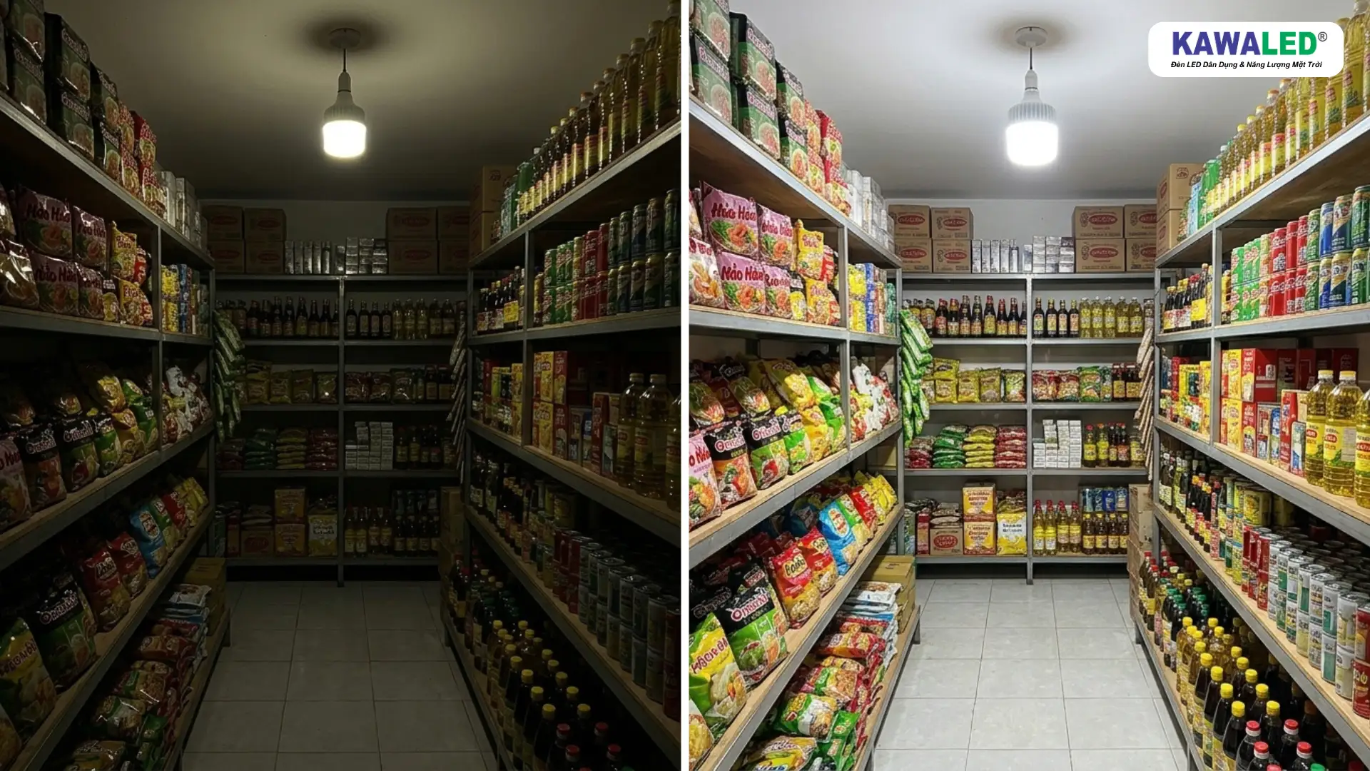 So sánh hiệu suất quang của đèn LED Bulb KAWALED trong cửa hàng tạp hóa