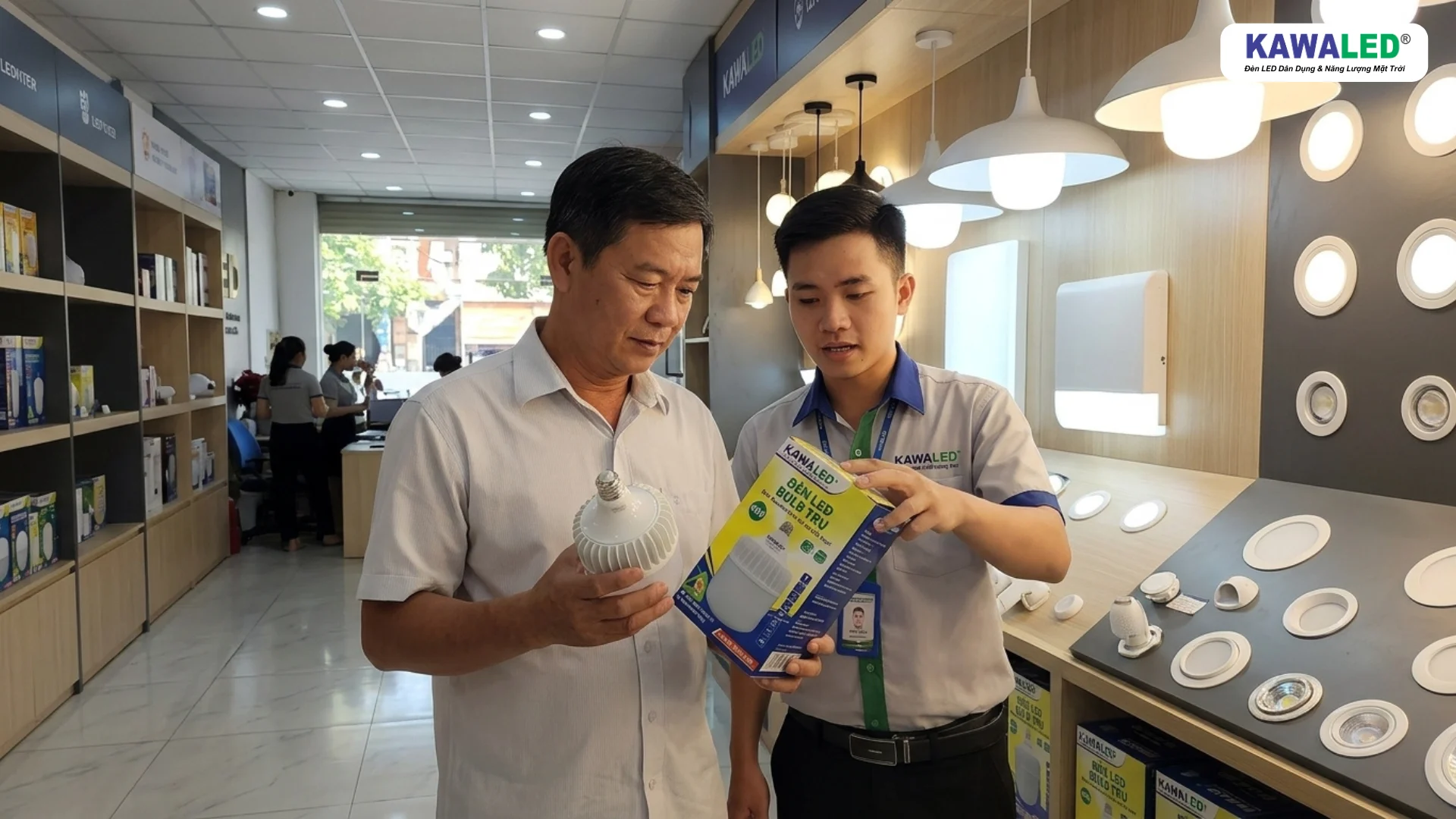 Khách hàng tìm hiểu thông số kỹ thuật đèn LED Bulb trụ nhôm KAWALED TN tại showroom