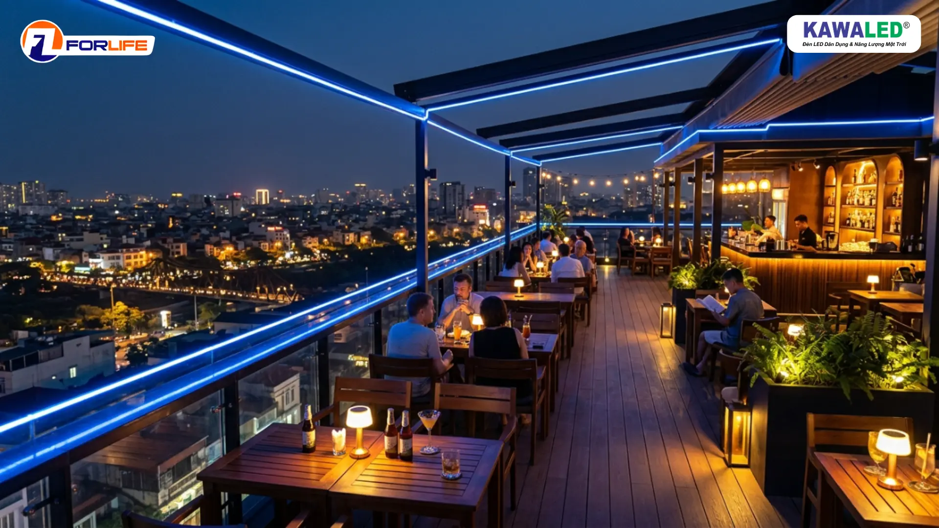 Led dây RGB ngoài trời tạo điểm nhấn cho rooftop café hiện đại