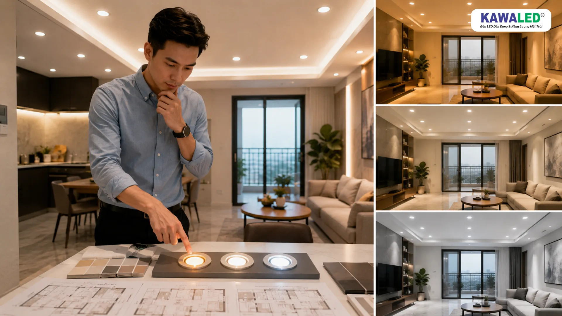 Gia chủ lựa chọn màu ánh sáng cho đèn âm trần đổi màu KAWALED