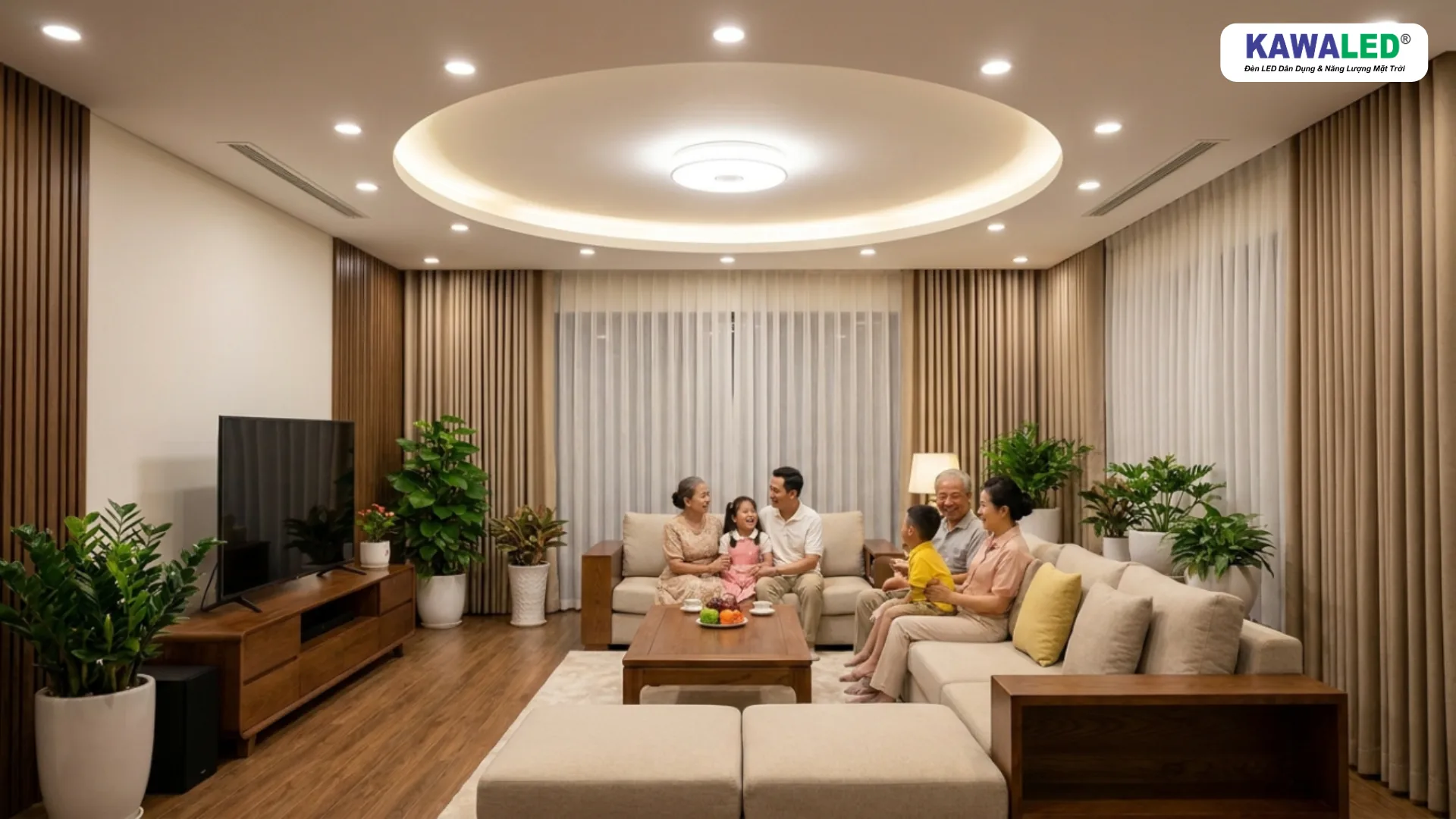 Phòng khách gia đình lắp đèn led âm trần sáng đều và ấm cúng