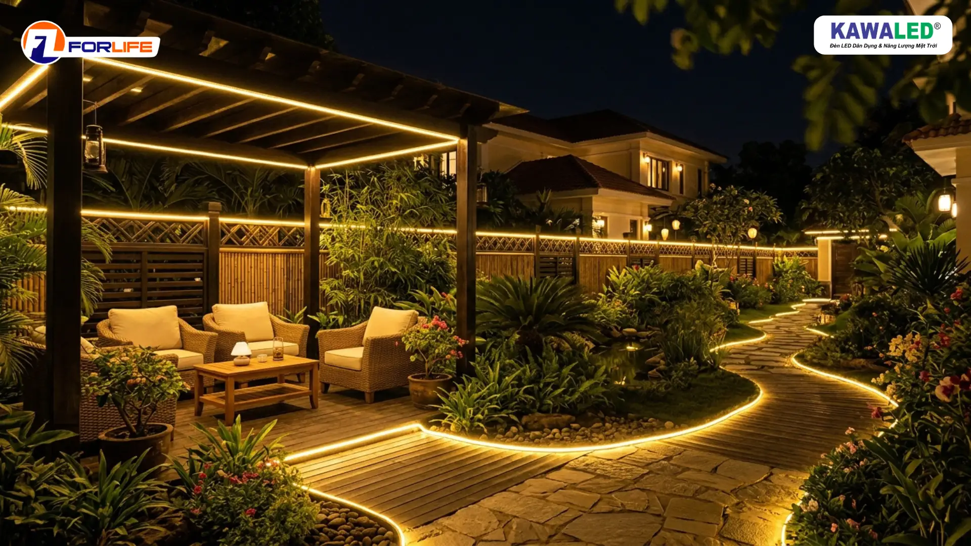 Sân vườn biệt thự cao cấp sử dụng đèn led dây đổi màu ánh sáng vàng ấm
