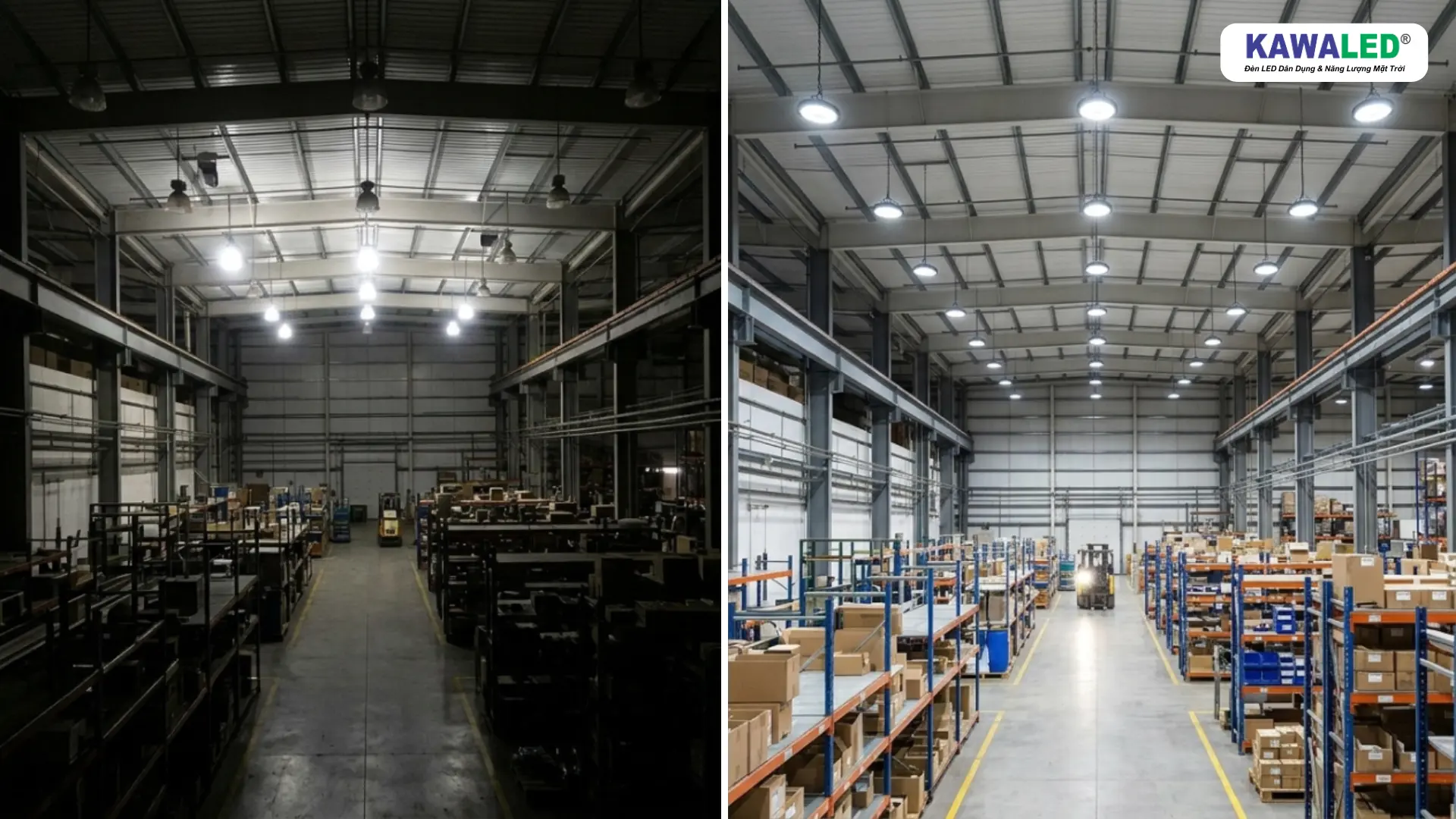 So sánh bố trí đèn nhà xưởng không hợp lý và bố trí đèn Highbay HB1 KAWALED sáng đều