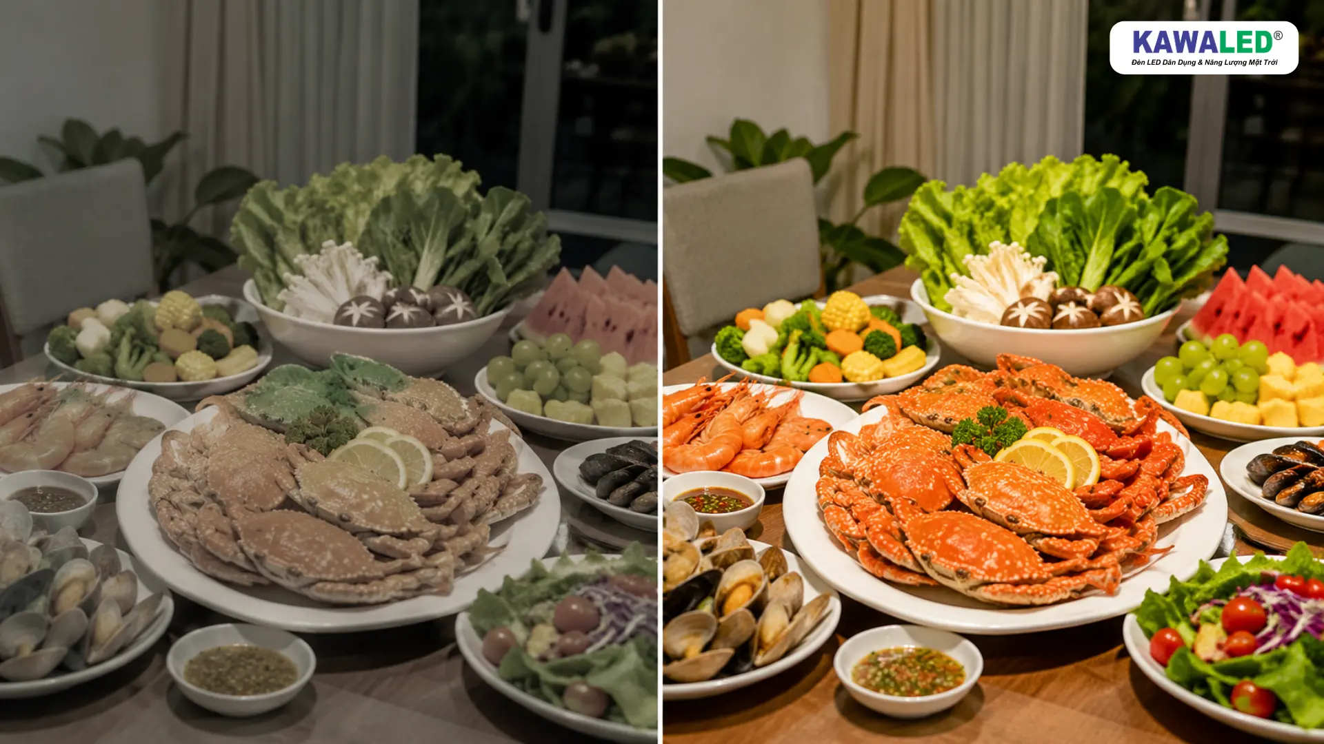 So sánh món ăn dưới ánh sáng CRI thấp và CRI cao