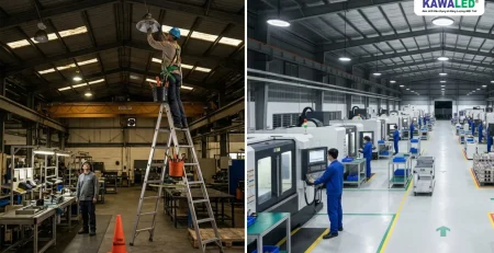 So sánh đèn nhà xưởng kém chất lượng cần bảo trì và đèn Highbay HB1 KAWALED hoạt động ổn định