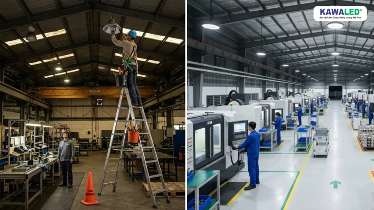 So sánh đèn nhà xưởng kém chất lượng cần bảo trì và đèn Highbay HB1 KAWALED hoạt động ổn định