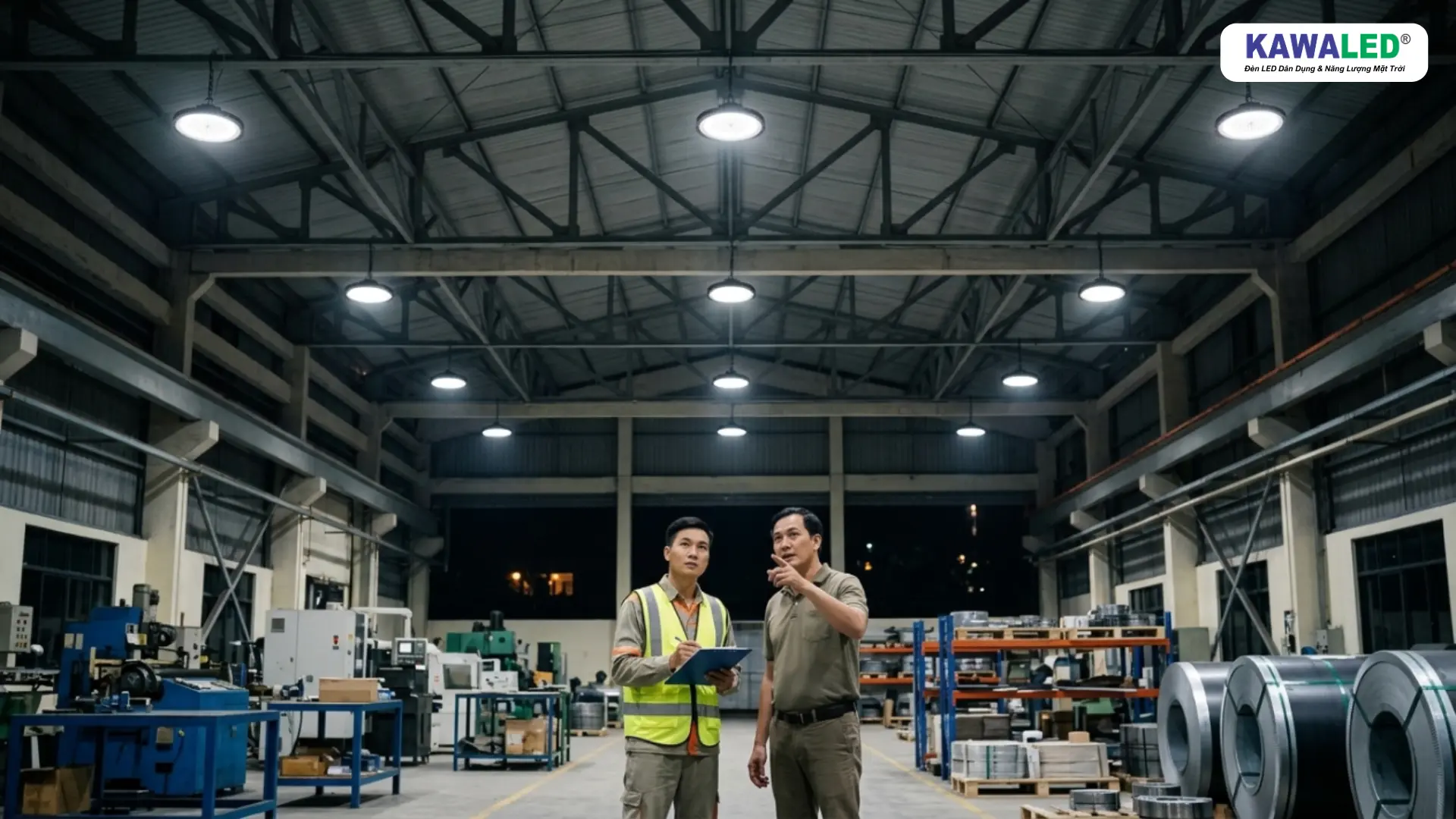 So sánh đèn nhà xưởng kém ổn định và đèn LED Highbay HB1 KAWALED chiếu sáng rõ trong xưởng CNC