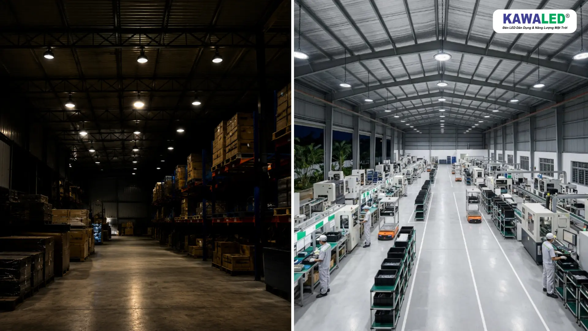 So sánh khu vực nhà xưởng thiếu sáng và khu vực lắp đèn LED Highbay HB1 KAWALED sáng đều hơn