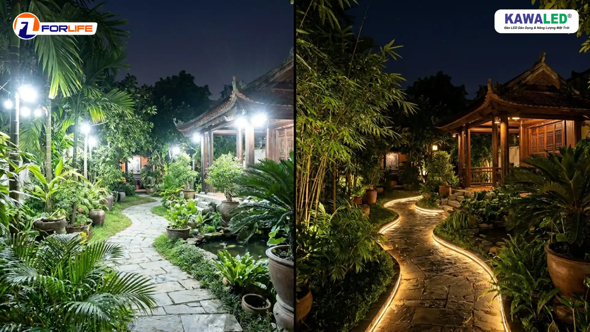 So sánh sân vườn sử dụng ánh sáng trắng mạnh và sân vườn dùng đèn led dây đổi màu