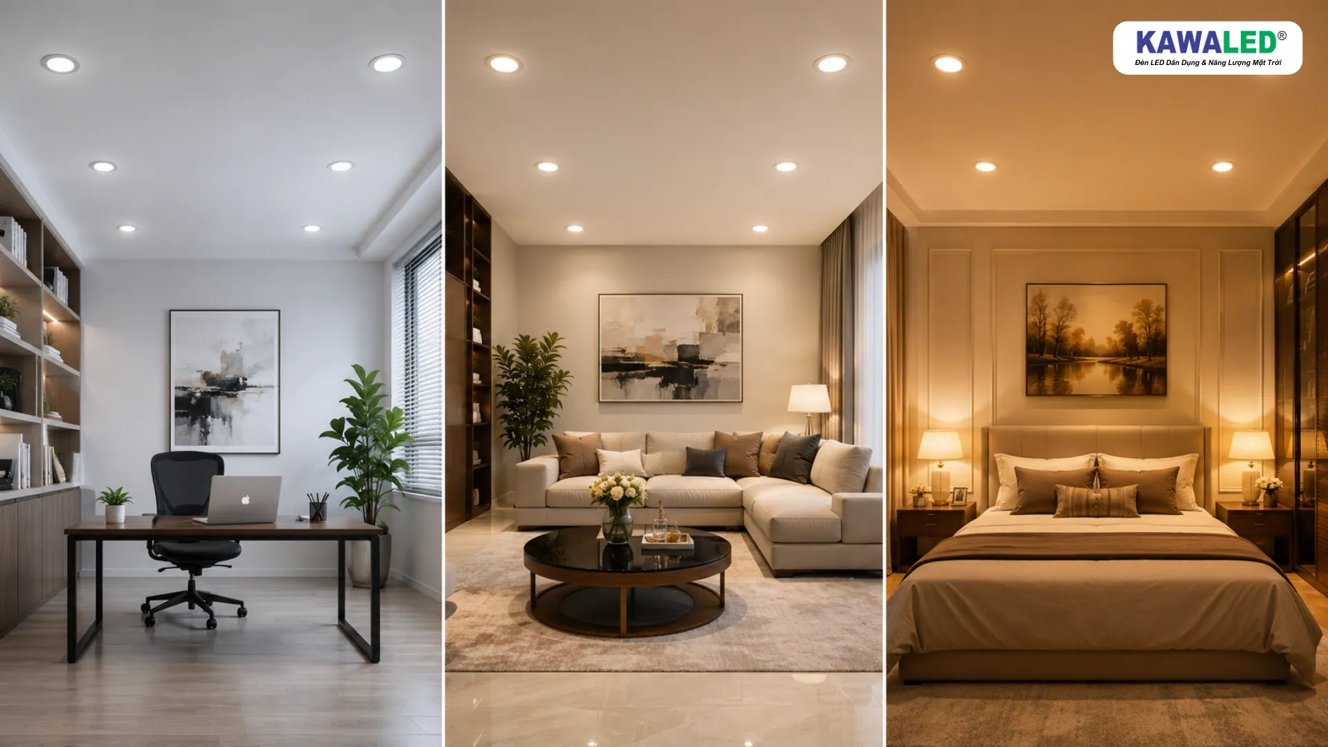 Ứng dụng đèn LED âm trần 3 màu cho phòng làm việc phòng khách và phòng ngủ