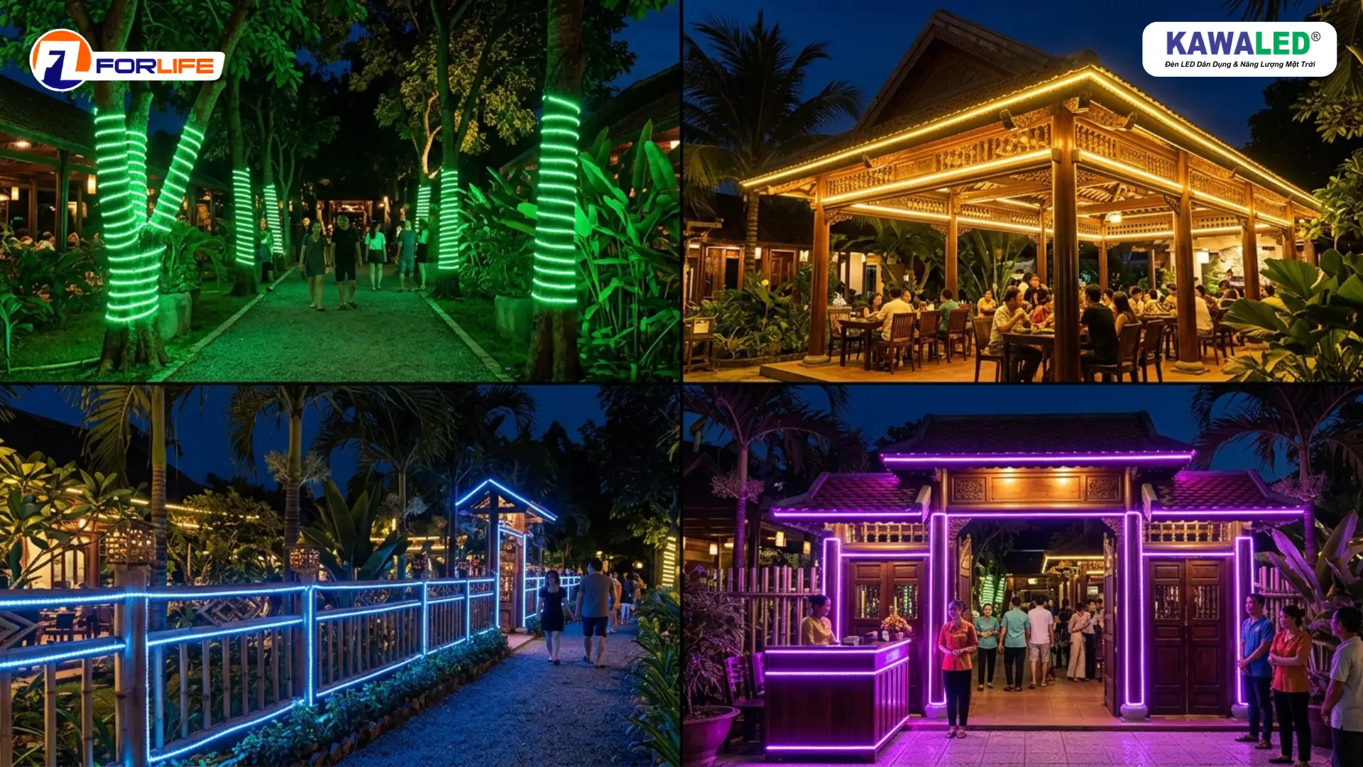 Ứng dụng đèn led dây đổi màu trên cây xanh mái che hàng rào và khu check in