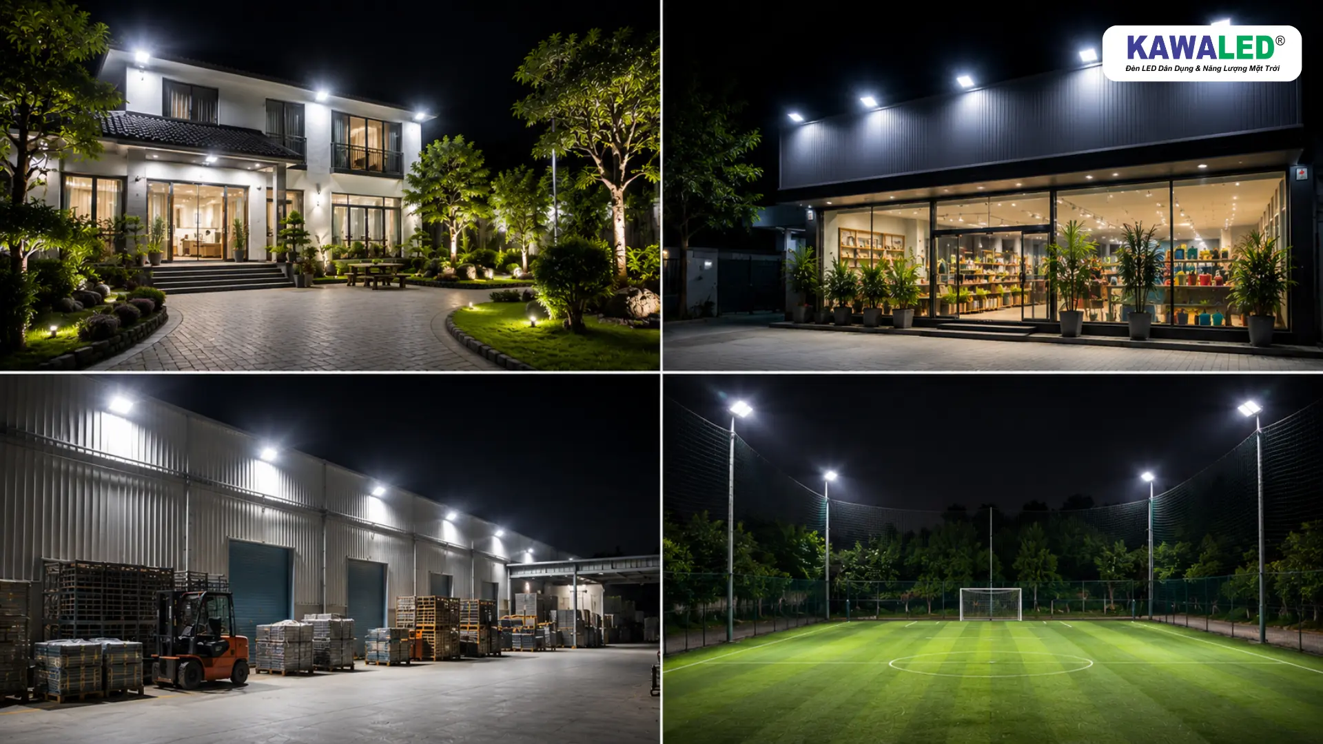 Ứng dụng đèn pha led sân vườn bảng hiệu kho bãi và sân thể thao