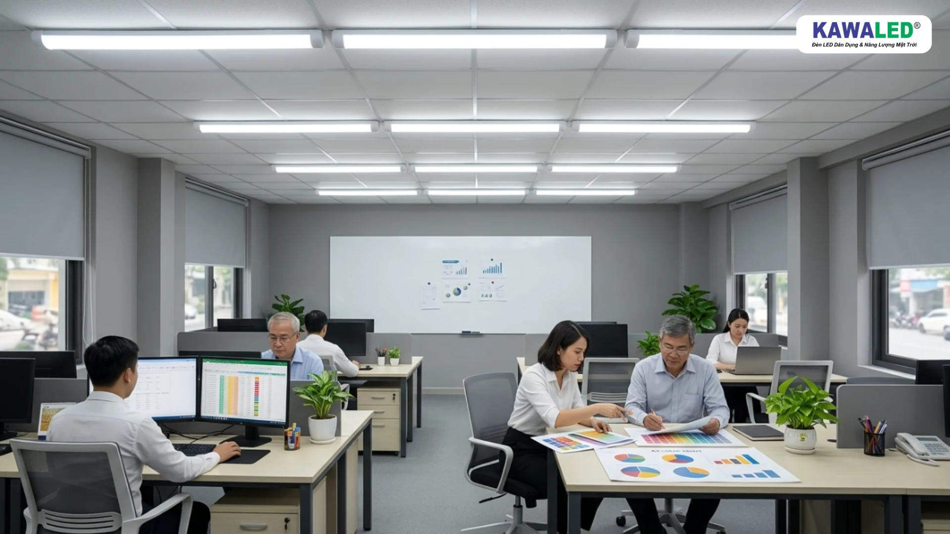 Văn phòng sử dụng đèn LED Oval KAWALED CRI cao giúp làm việc thoải mái