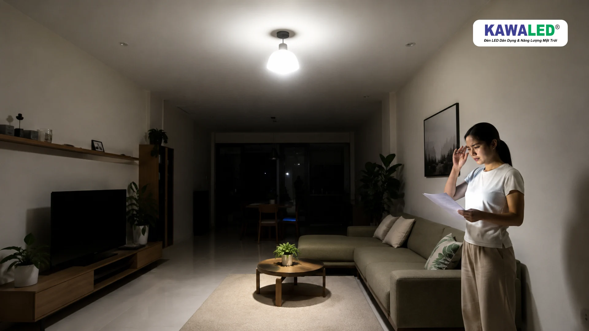 Bóng đèn LED tròn đặt giữa phòng khiến khu vực trung tâm sáng nhưng các góc vẫn tối