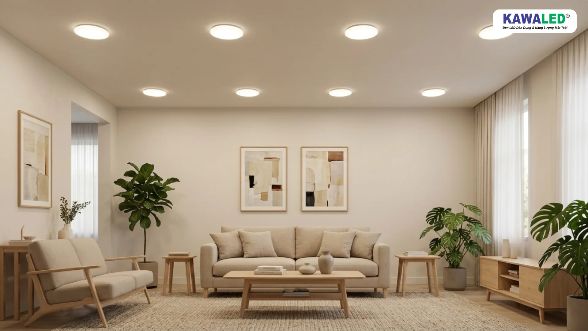 Phòng khách hiện đại bố trí đèn LED âm trần đều trên trần thạch cao