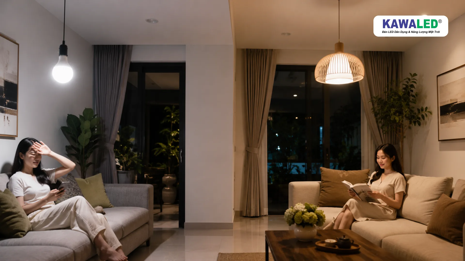 Bóng đèn LED tròn bố trí sai gây chói mắt và bố trí đúng giúp ánh sáng dễ chịu