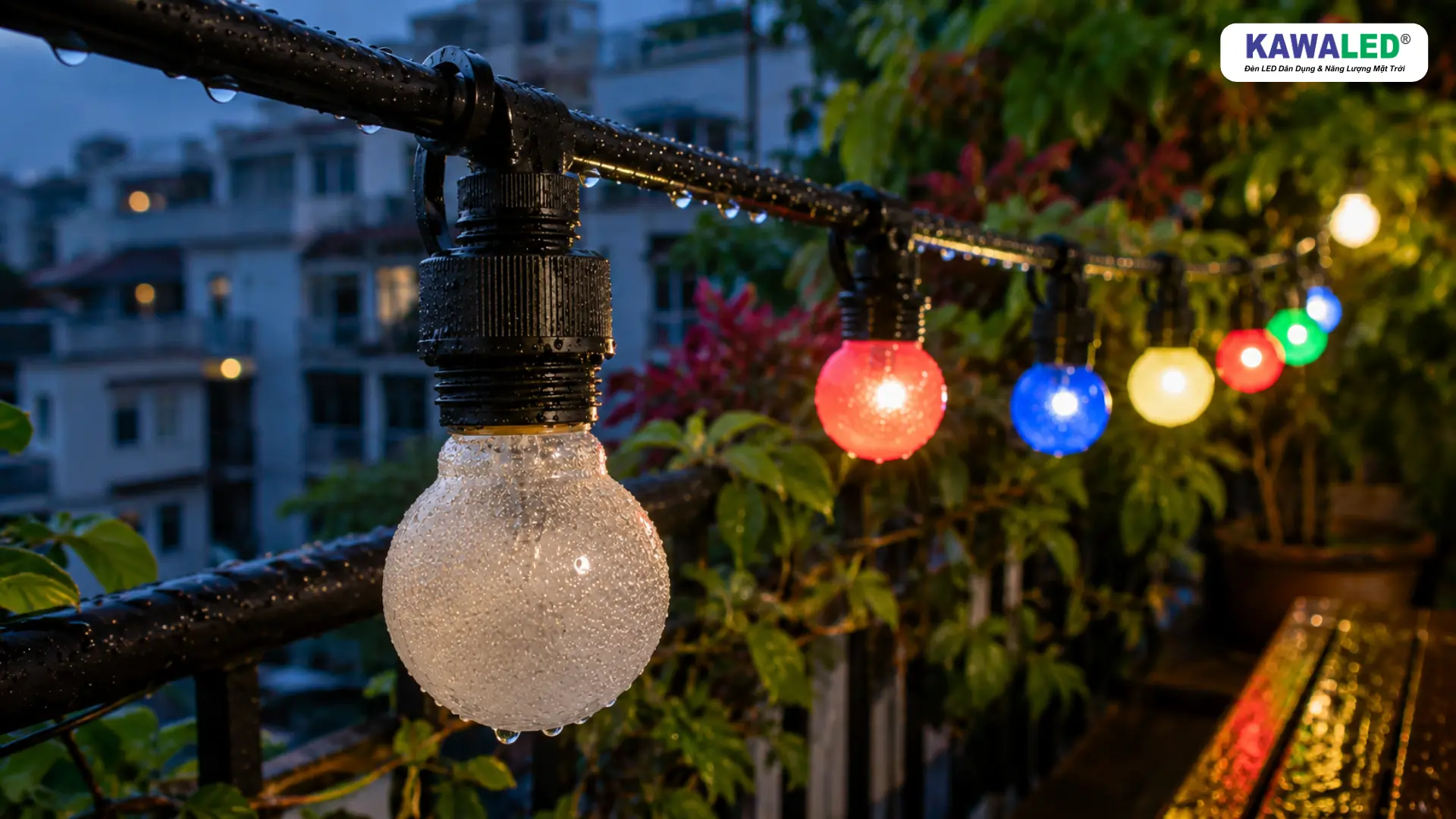 Cận cảnh bóng đèn trang trí ngoài trời có nước và hơi ẩm bên trong