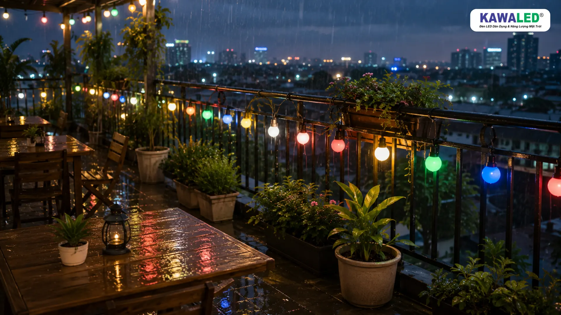 Dây bóng đèn trang trí KAWALED nhiều màu treo tại quán cà phê sân thượng trong trời mưa