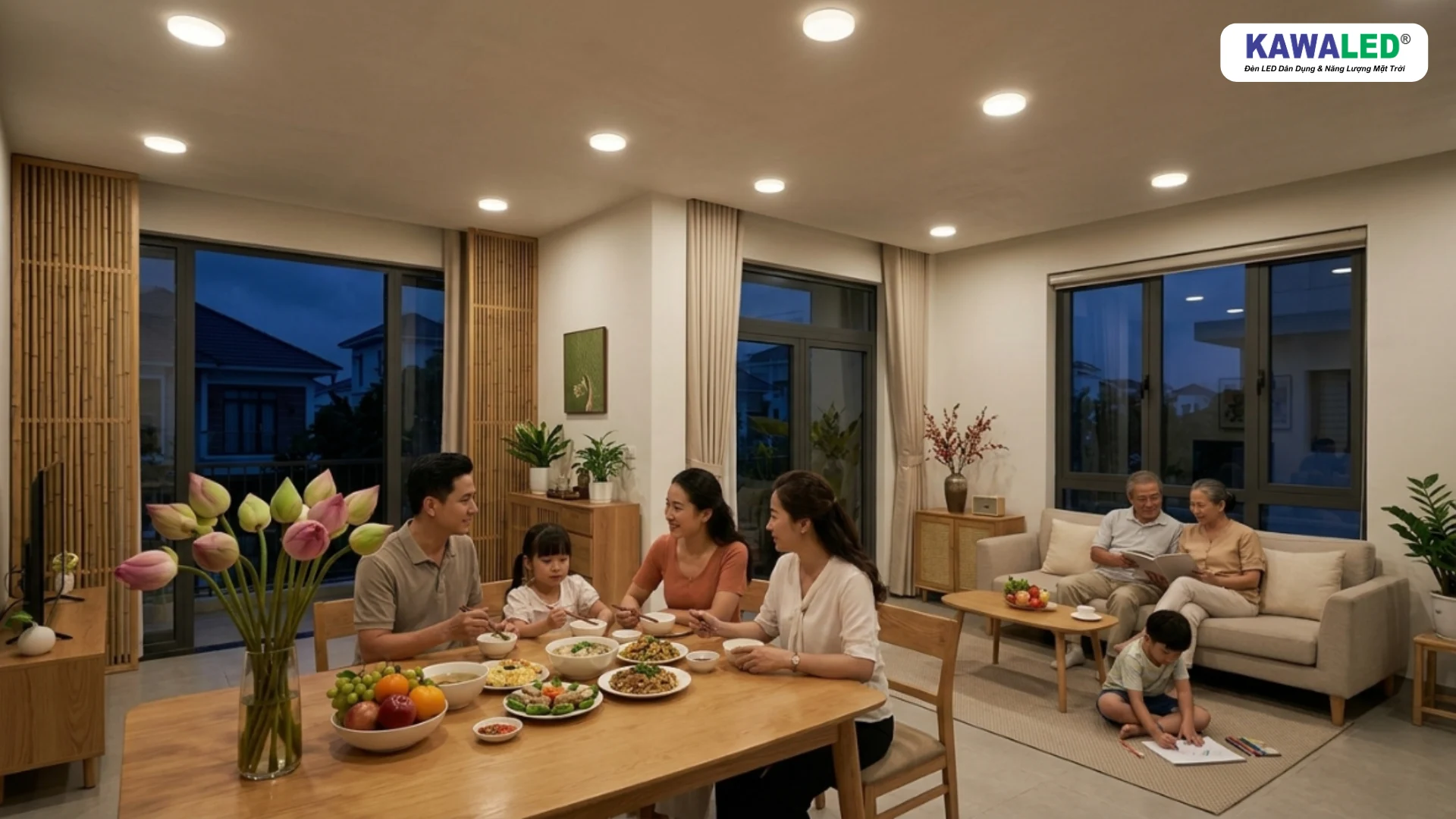Gia đình dùng bữa dưới ánh sáng đèn LED âm trần dịu và có độ hoàn màu tốt