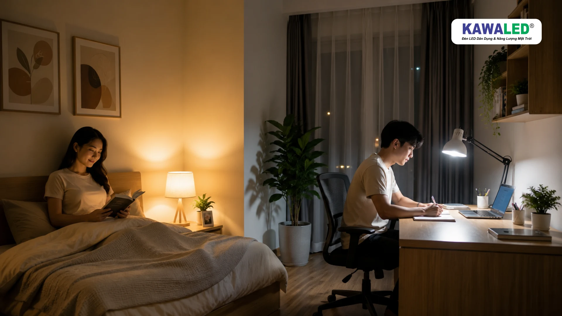 So sánh ánh sáng vàng 3000K cho phòng ngủ và ánh sáng trắng 6000K cho bàn làm việc