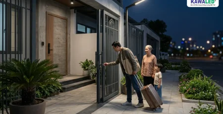 Gia đình trở về nhà buổi tối dưới ánh sáng của đèn cổng ngoài trời KAWALED