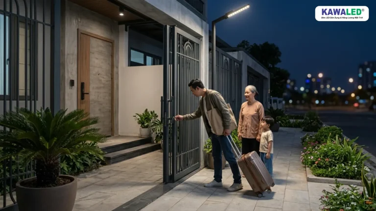 Gia đình trở về nhà buổi tối dưới ánh sáng của đèn cổng ngoài trời KAWALED