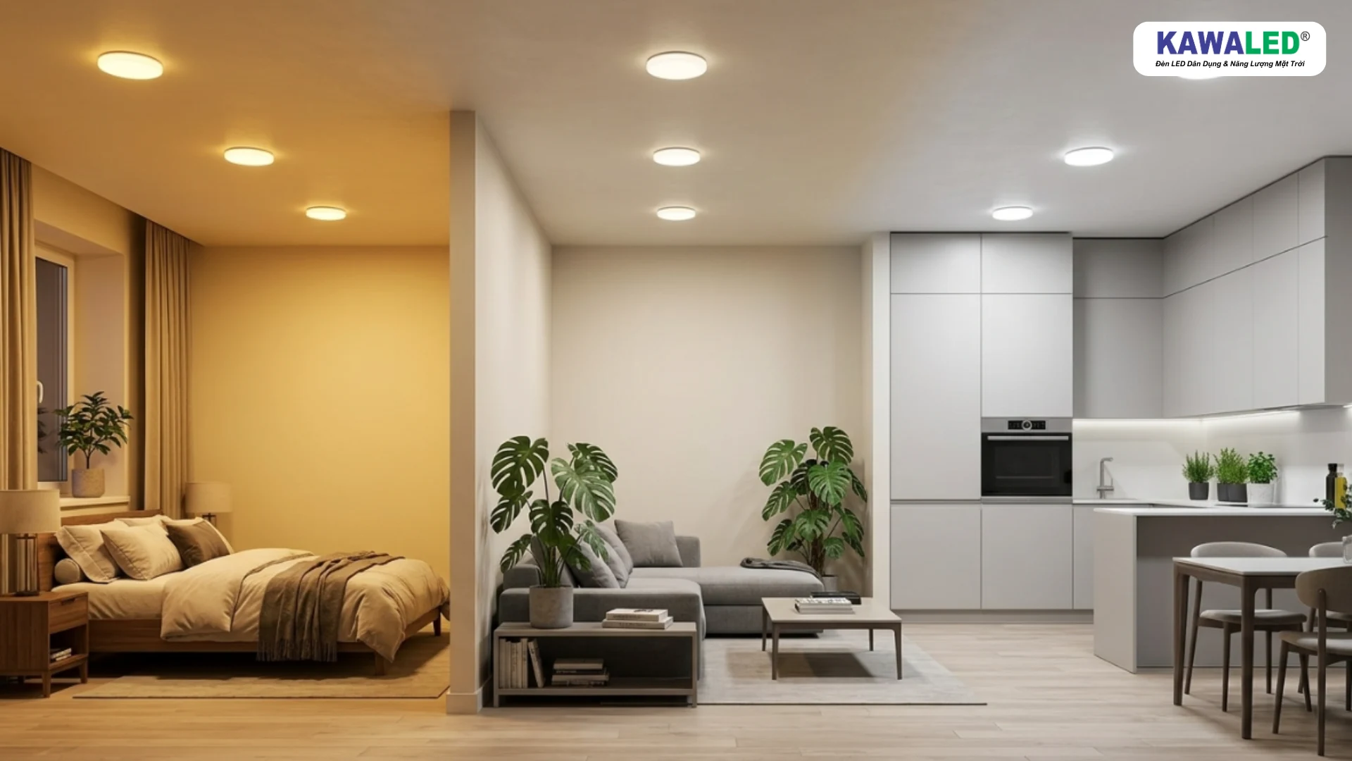 Đèn LED âm trần 3 màu với ánh sáng vàng, trung tính và trắng trong nhà ở