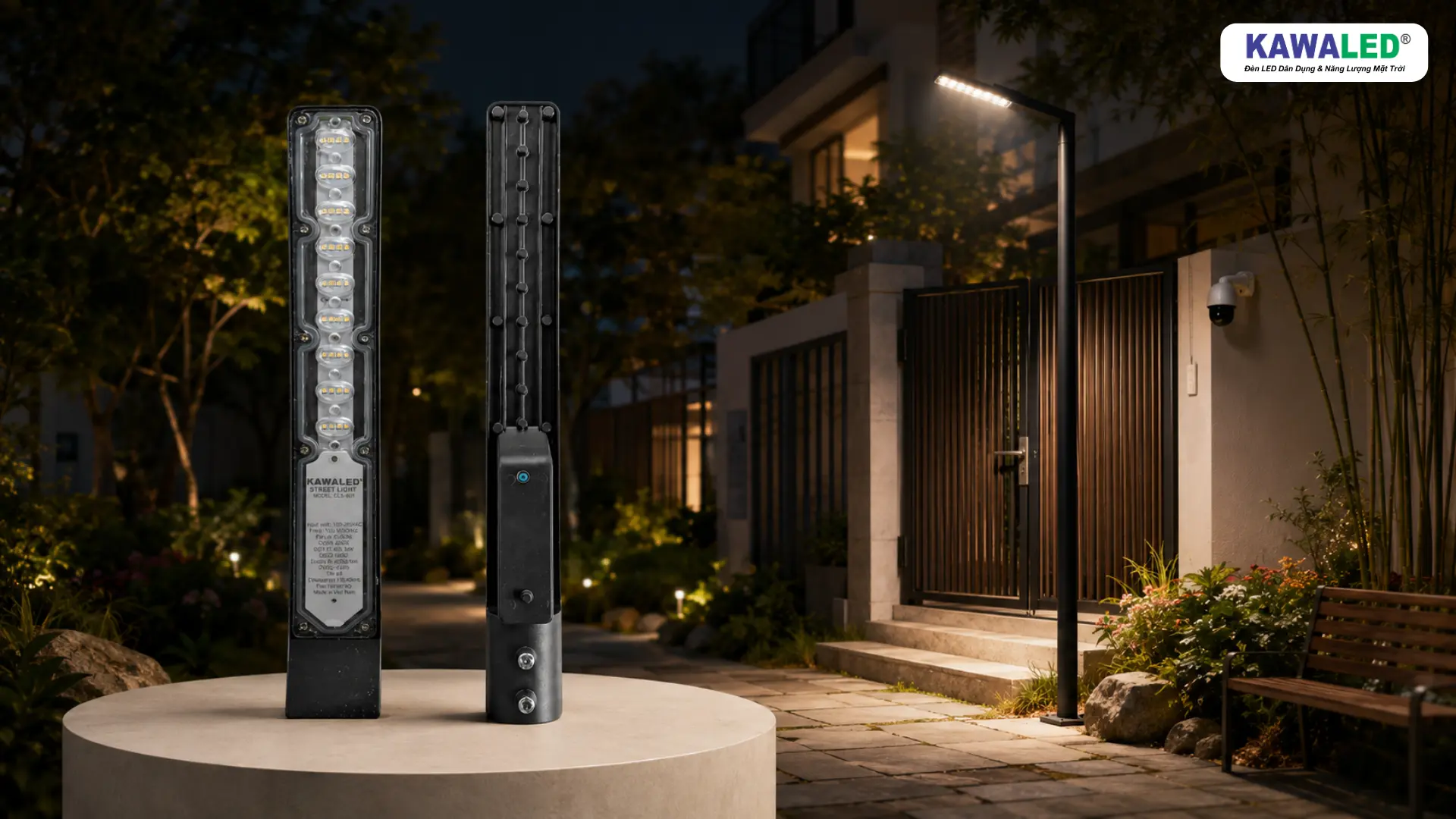 Mặt trước và mặt sau đèn LED cảm ứng ánh sáng GLS KAWALED bên cạnh ứng dụng chiếu sáng cổng nhà