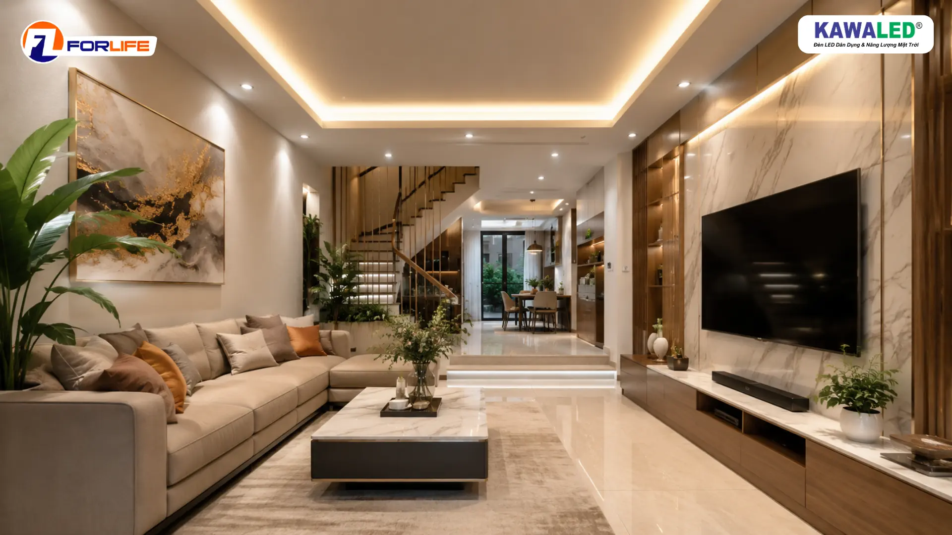 Đèn led dây hắt trần phòng khách nhà phố hiện đại