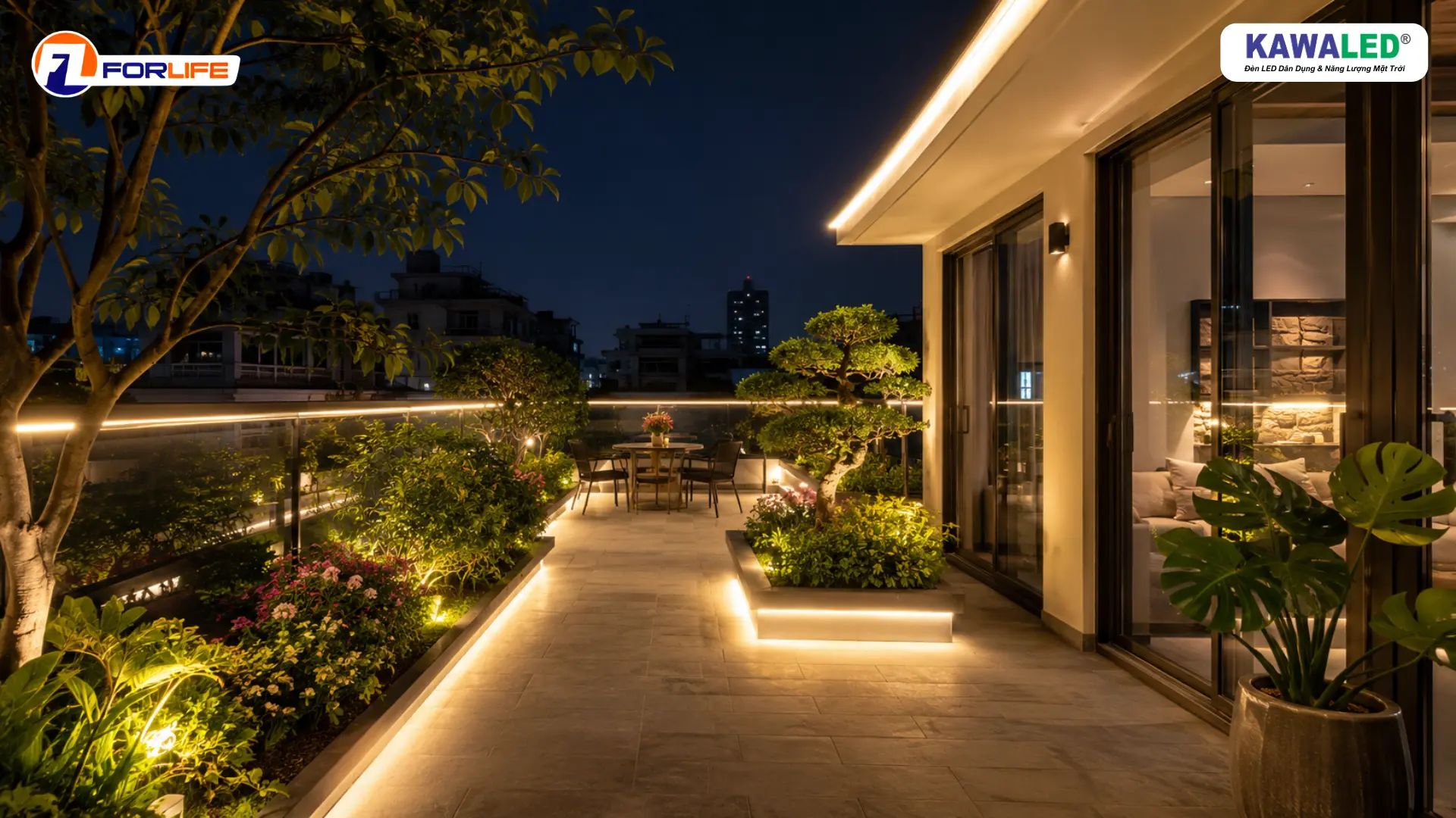 Đèn led dây ngoài trời lắp ban công và sân vườn nhà phố