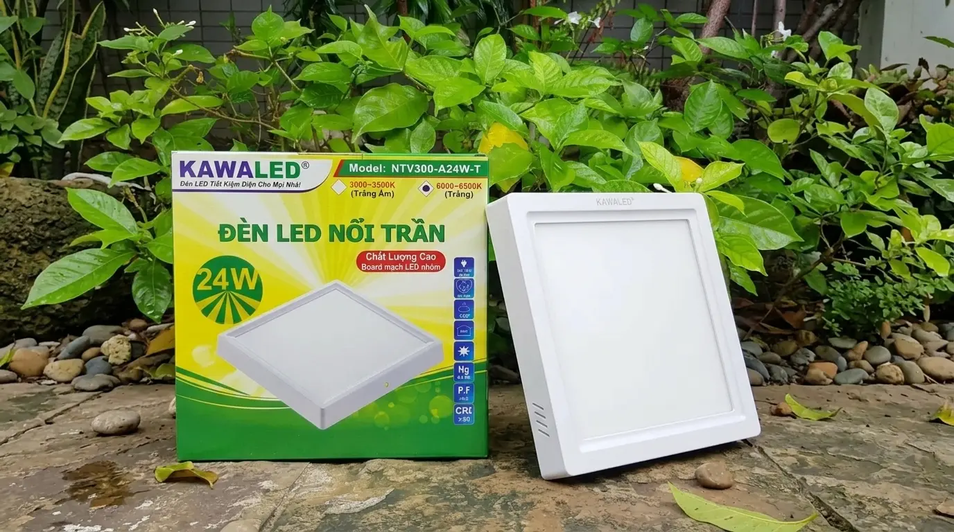 Đèn LED nổi trần vuông KAWALED kèm hộp sản phẩm thực tế