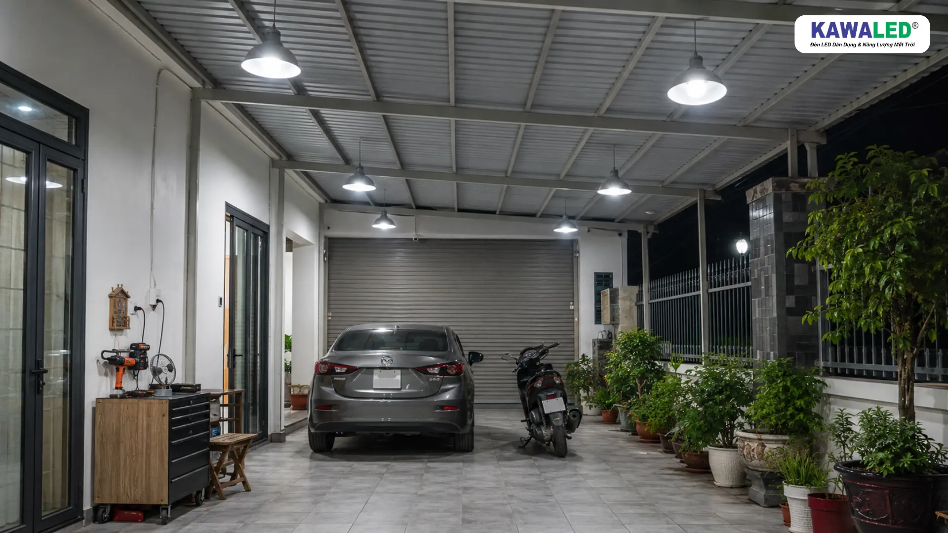 Đèn LED trụ 40W chiếu sáng gara nhà phố có mái che