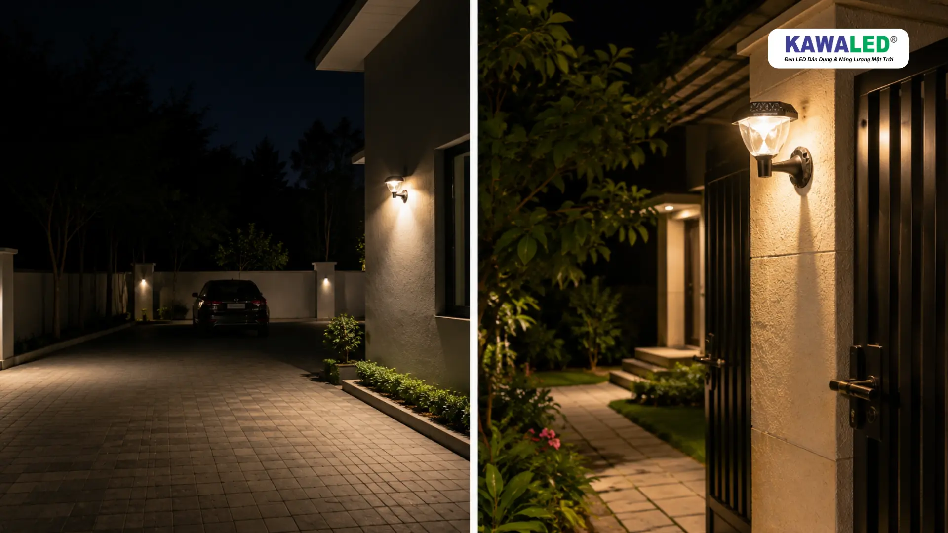 So sánh đèn treo tường solar chiếu sân rộng và chiếu sáng cổng cùng lối đi gần