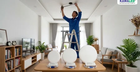 Thợ điện đo kích thước lỗ khoét trần trước khi chọn đèn LED âm trần KAWALED